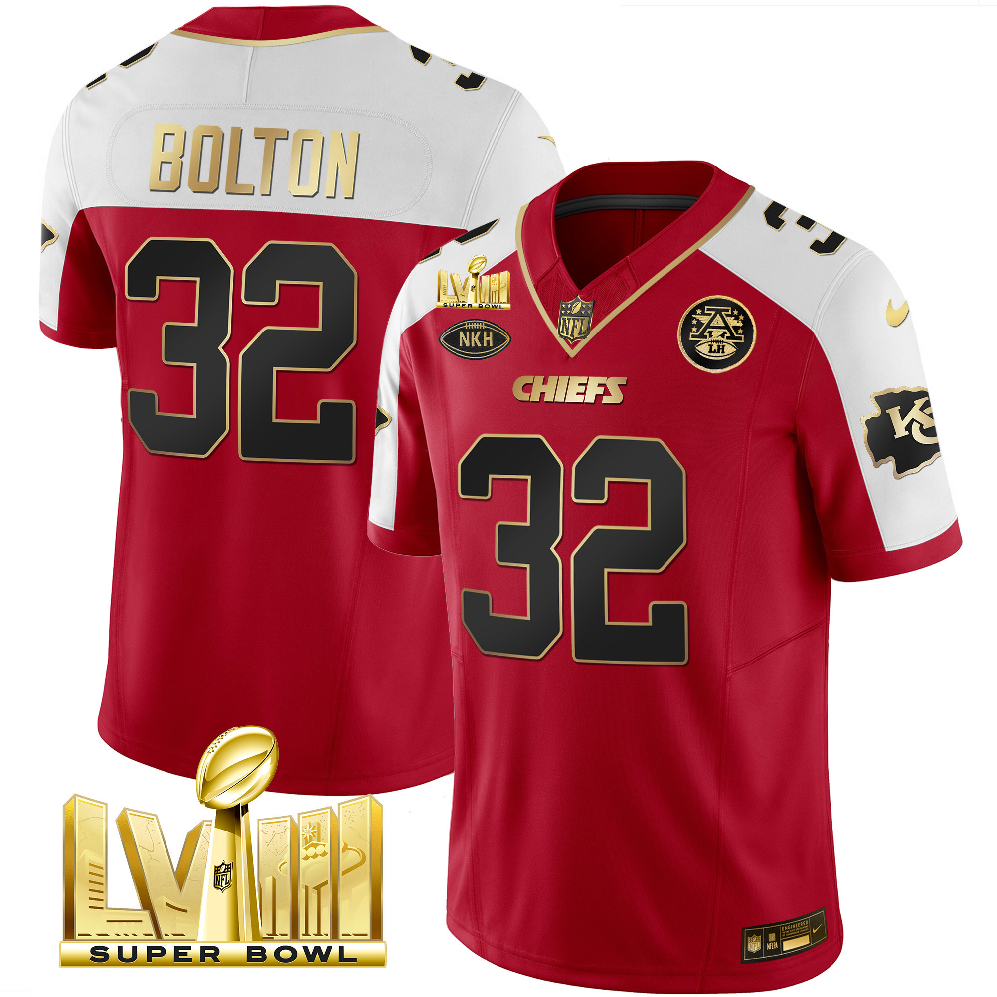 Nick Bolton Men's Kansas City Chiefs Super Bowl LVIII Gold Patch Vapor Red Alternate Jersey - All Stitched 