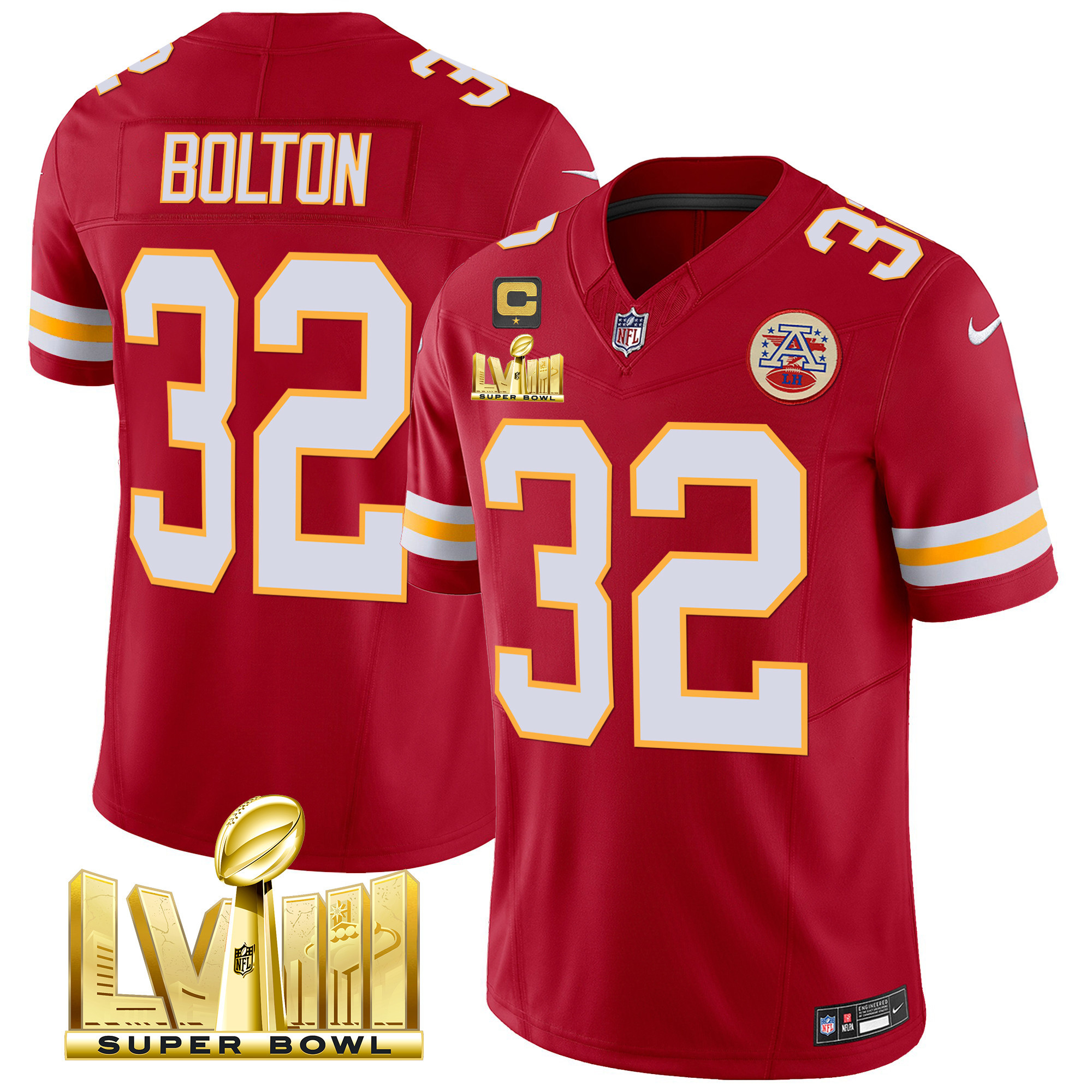 Nick Bolton Men's Kansas City Chiefs Super Bowl LVIII Gold Patch Vapor Red Jersey - All Stitched 
