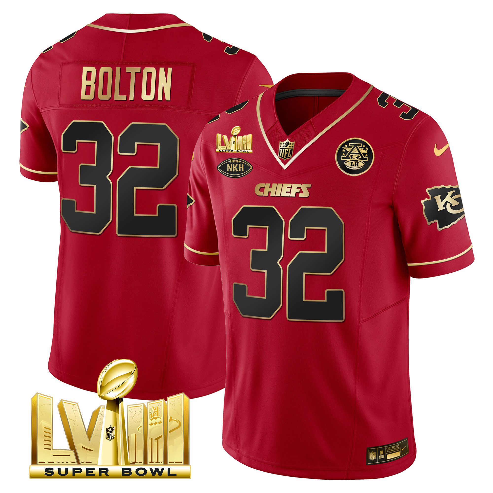 Nick Bolton Men's Kansas City Chiefs Super Bowl LVIII Gold Patch Vapor Red Special Jersey - All Stitched 