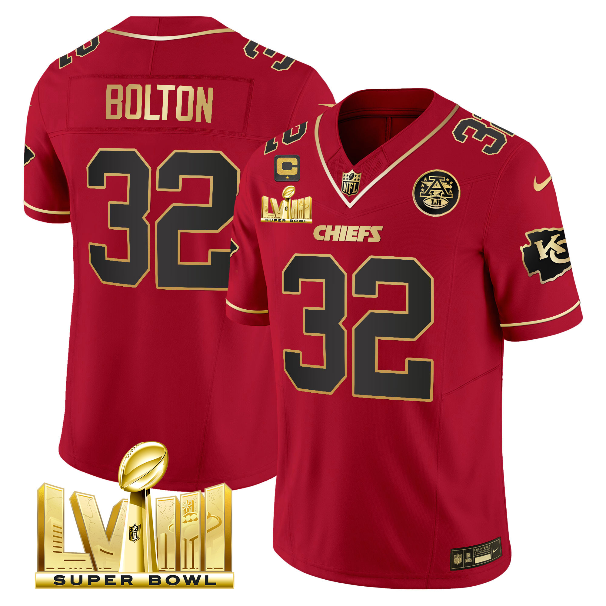 Nick Bolton Men's Kansas City Chiefs Super Bowl LVIII Gold Patch Vapor Red Special Jersey - All Stitched 