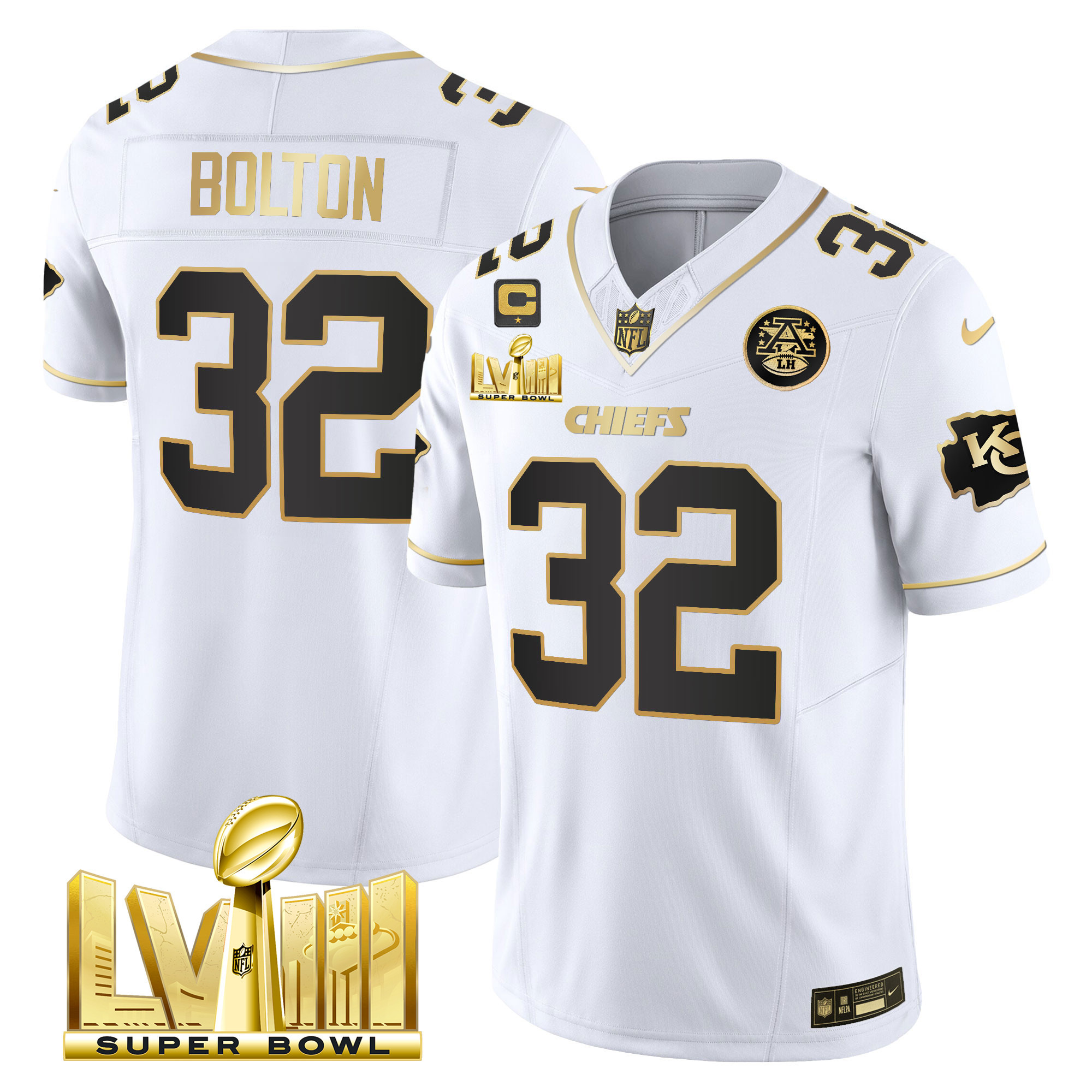 Nick Bolton Men's Kansas City Chiefs Super Bowl LVIII Gold Patch Vapor White Gold Jersey - All Stitched 