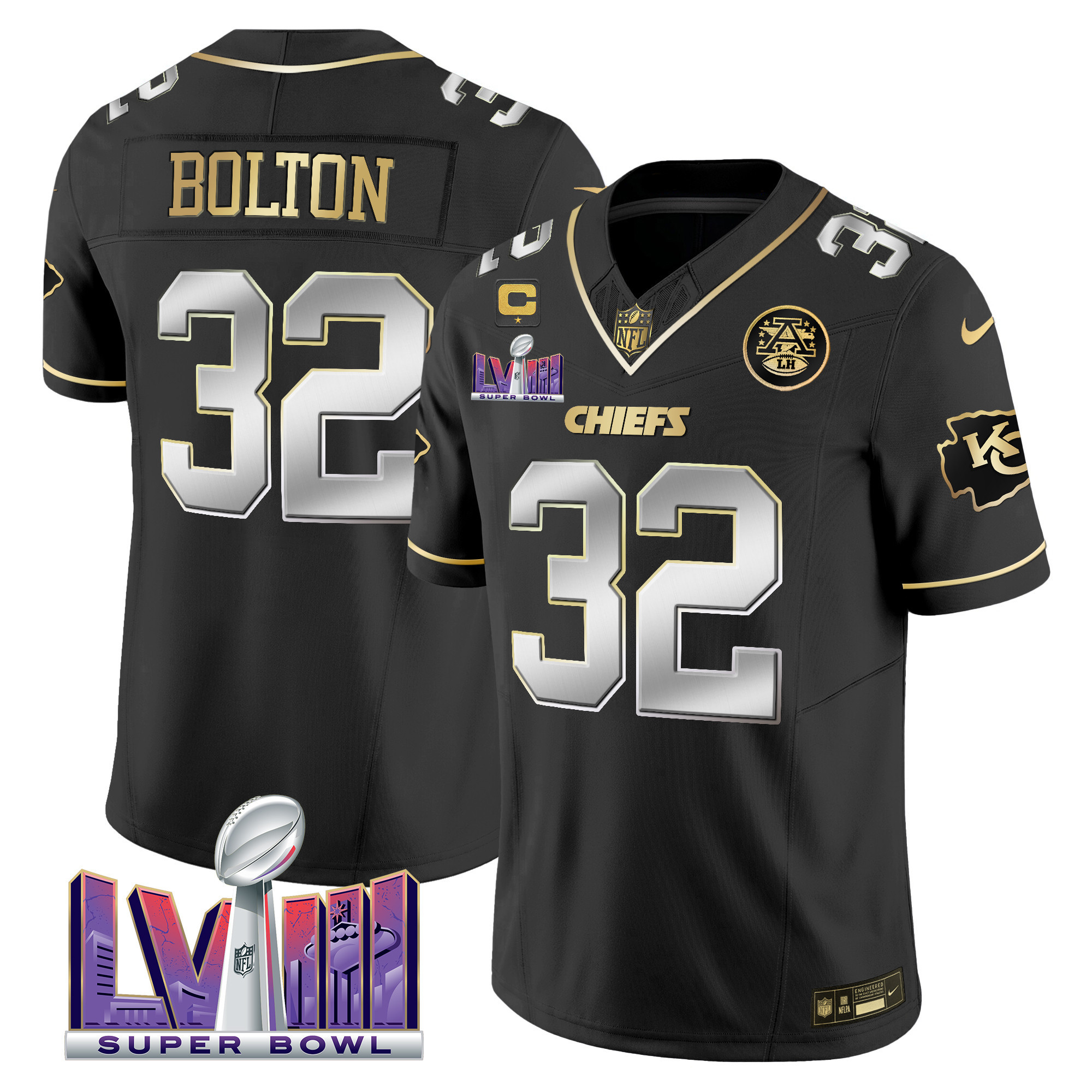 Nick Bolton Men's Kansas City Chiefs Super Bowl LVIII Patch Vapor Black Limited Jersey - All Stitched 