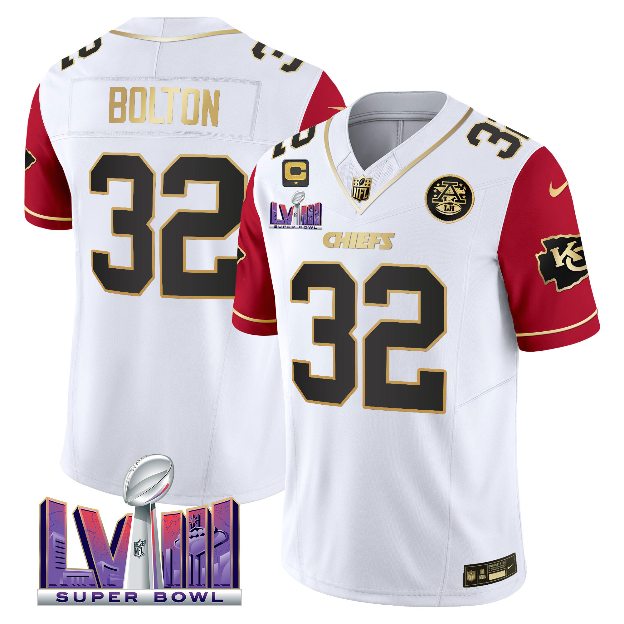 Nick Bolton Men's Kansas City Chiefs Super Bowl LVIII Patch Vapor Color Sleeves Jersey - All Stitched 