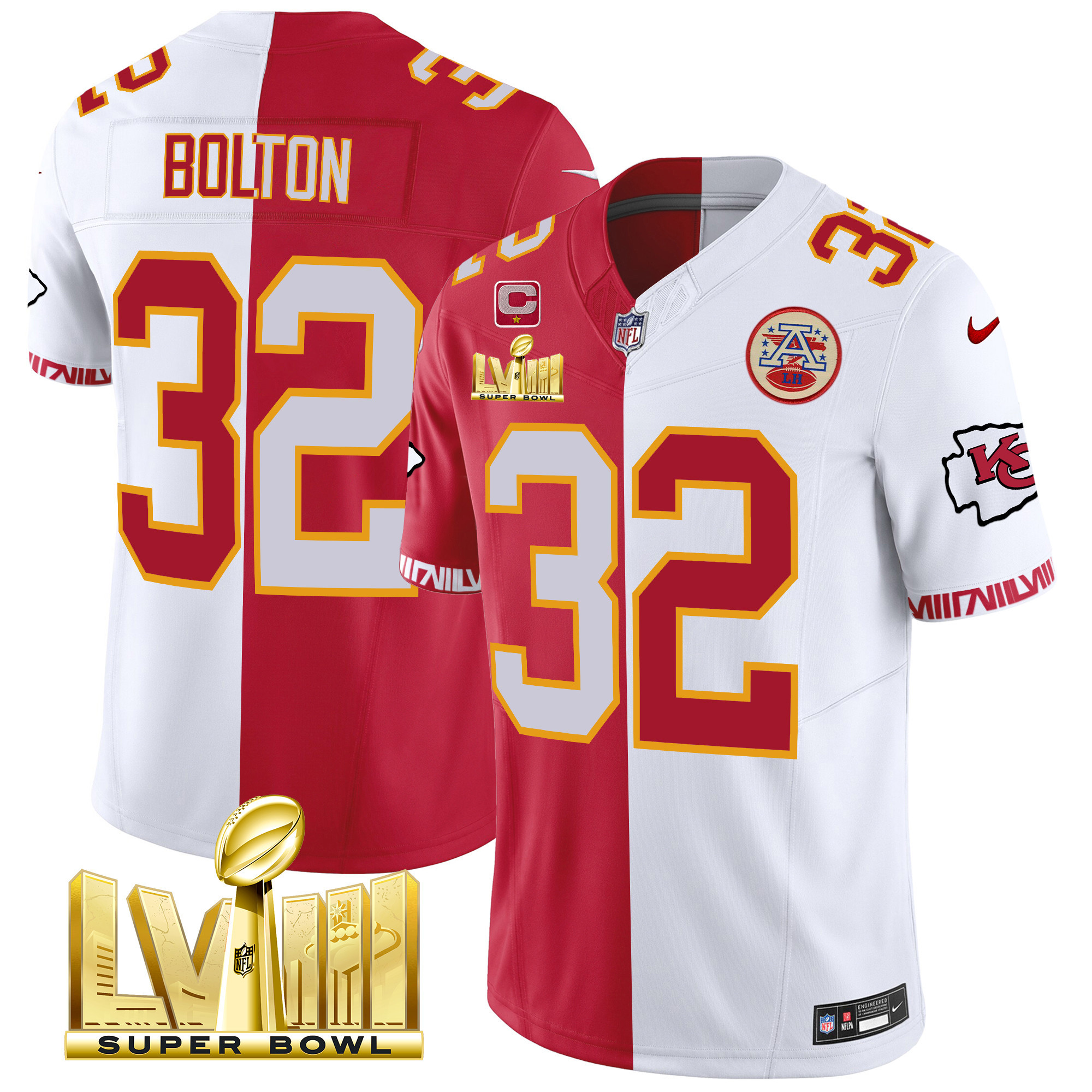 Nick Bolton Men's Kansas City Chiefs Super Bowl LVIII Pattern Gold Vapor Split Jersey - All Stitched 