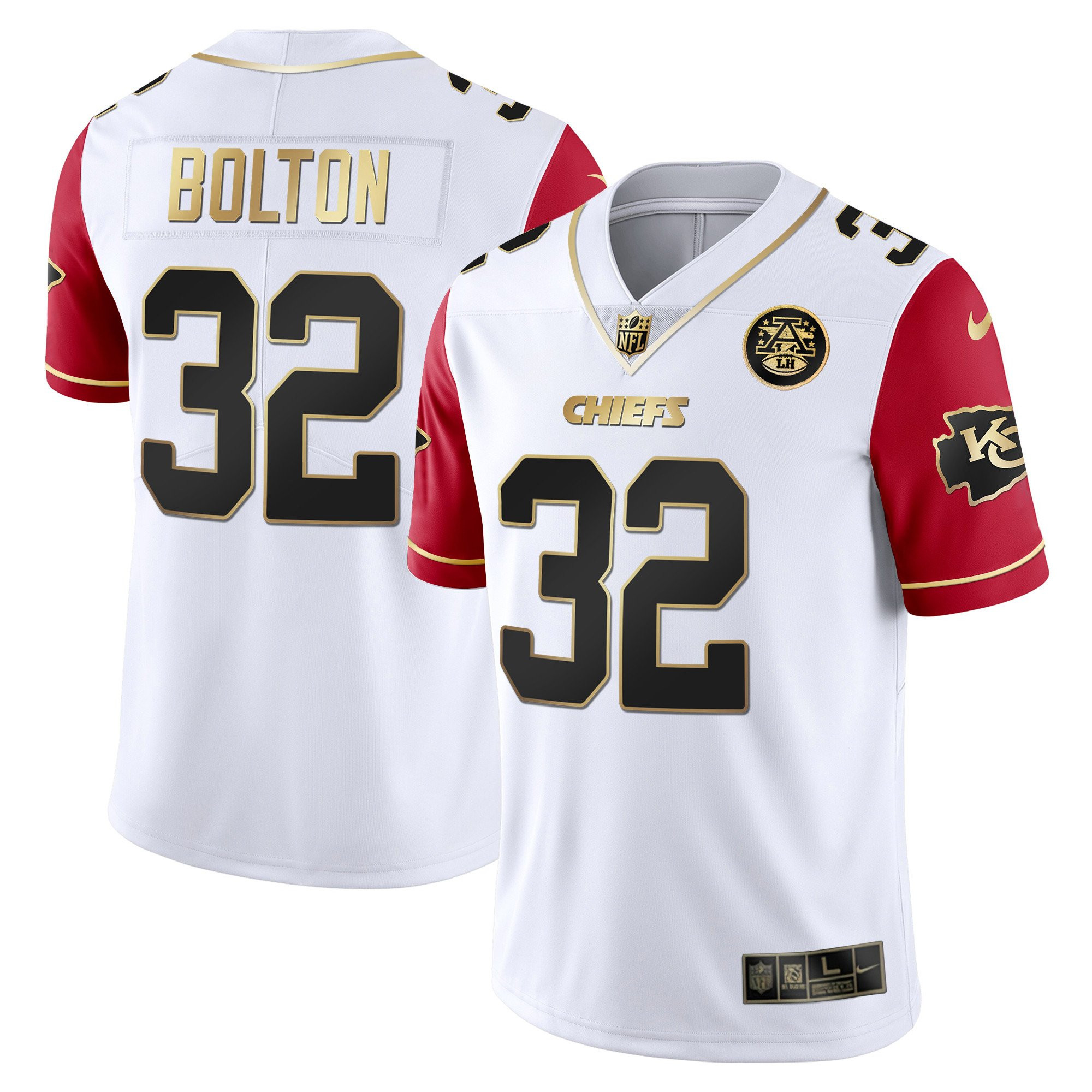 Nick Bolton Men's Kansas City Chiefs White Gold & Black Gold Red Sleeves Jersey - All Stitched 