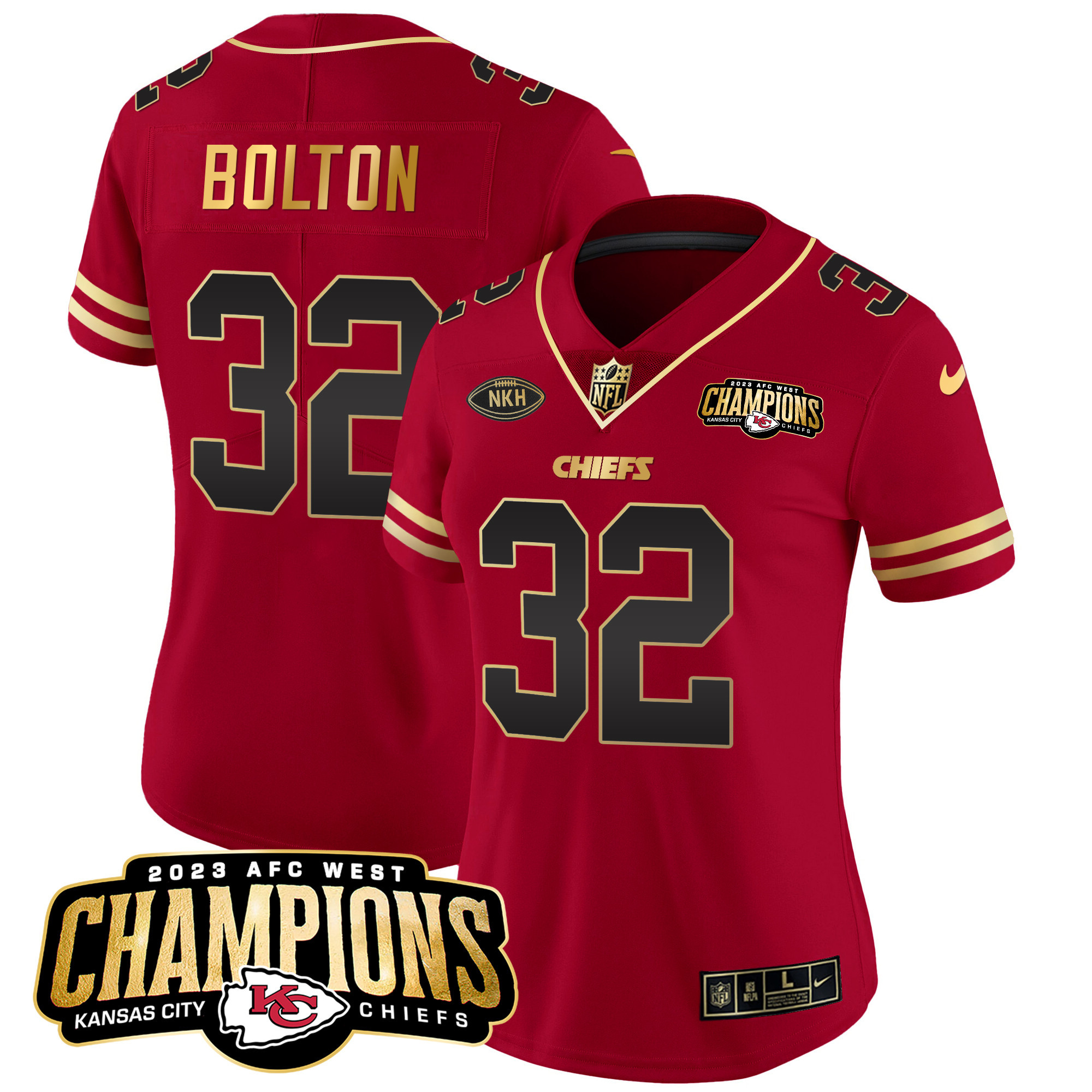 Nick Bolton Women's Kansas City Chiefs 2023 AFC West Champions Patch Vapor Limited Black Red Jersey - All Stitched 