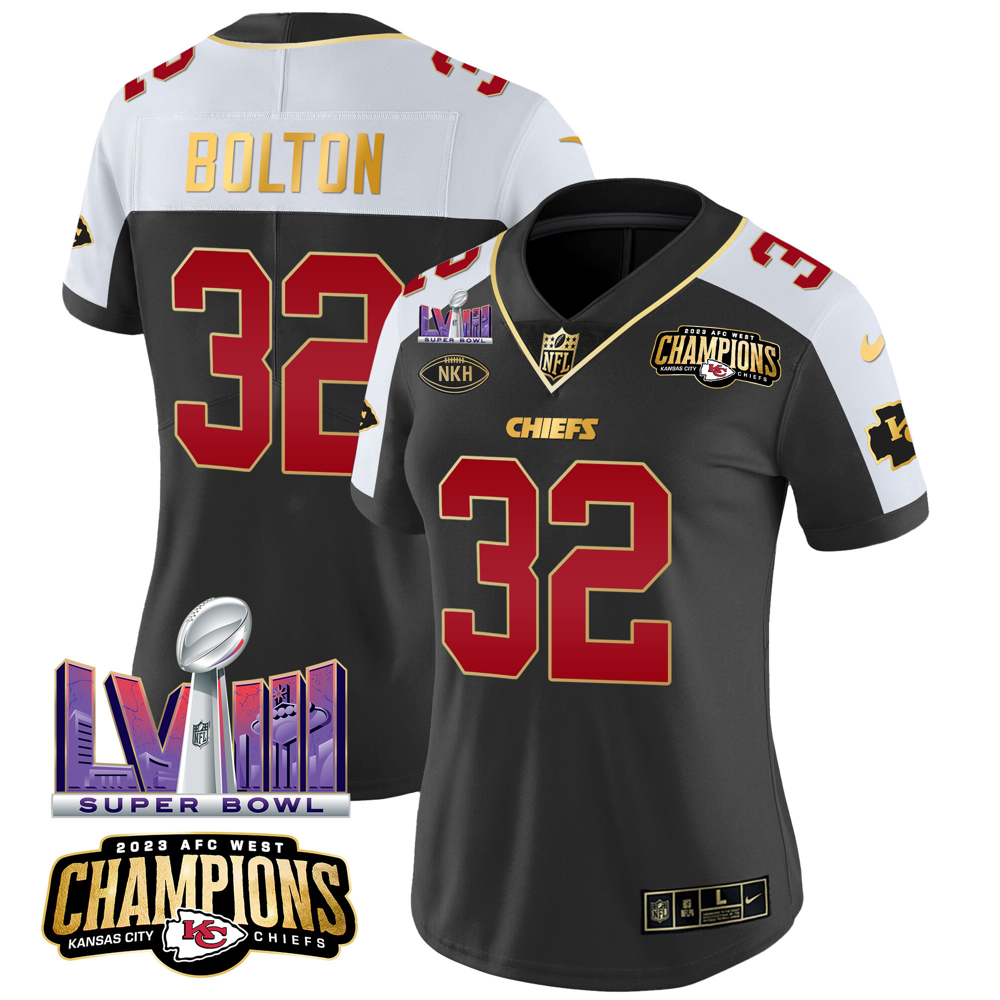 Nick Bolton Women's Kansas City Chiefs AFC West Champions & Super Bowl LVIII Patch Vapor Black Alternate Jersey - All Stitched 