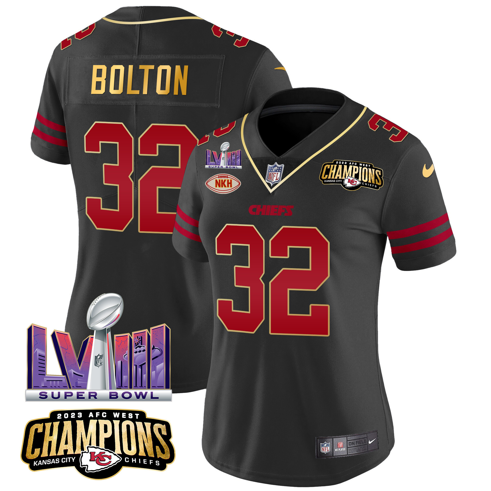 Nick Bolton Women's Kansas City Chiefs AFC West Champions & Super Bowl LVIII Patch Vapor Gold Trim Jersey - All Stitched 