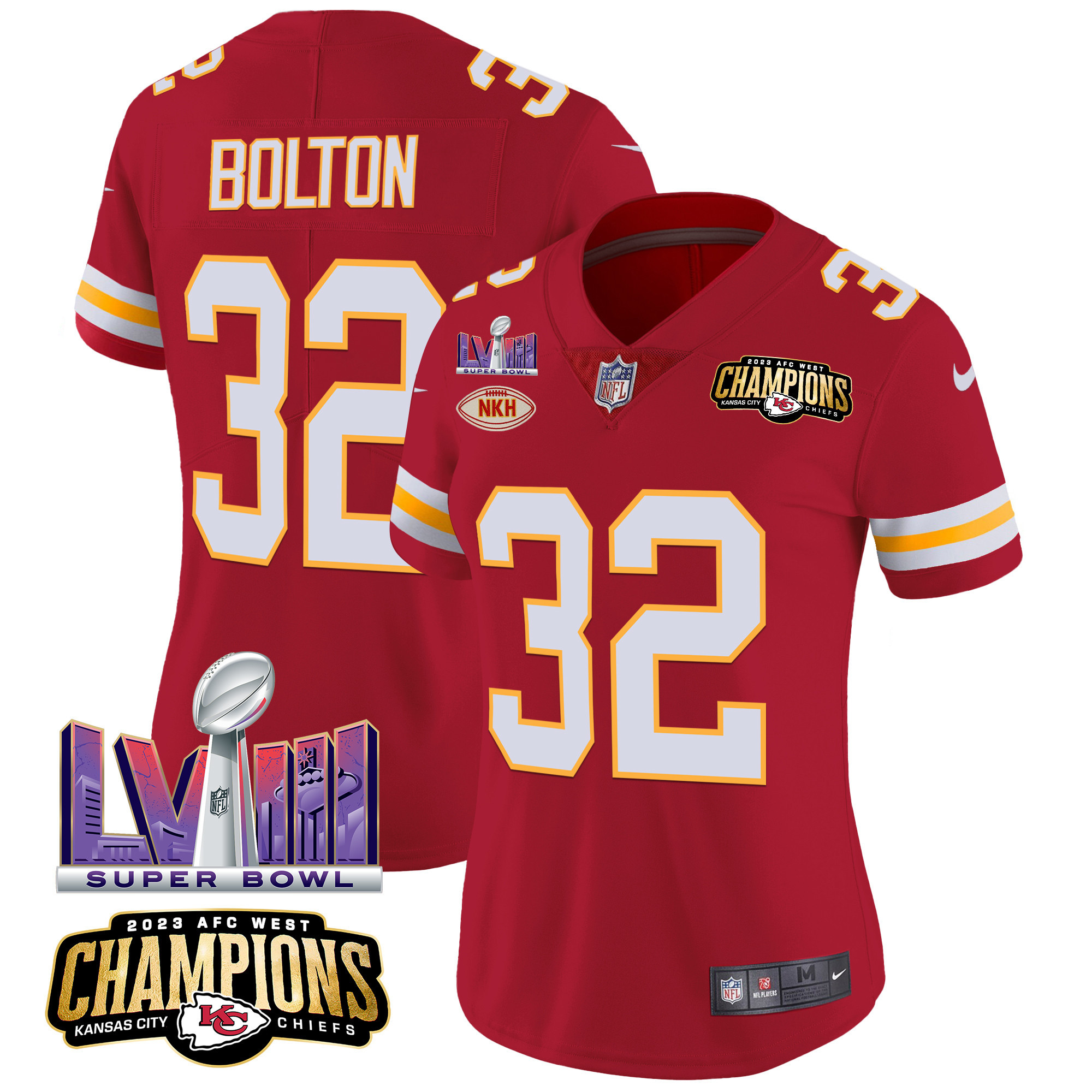 Nick Bolton Women's Kansas City Chiefs AFC West Champions & Super Bowl LVIII Patch Vapor Red Jersey - All Stitched 