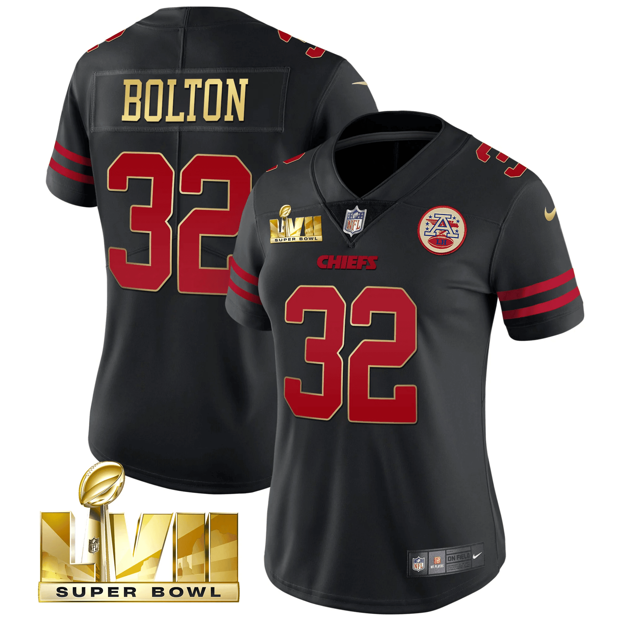 Nick Bolton Women's Kansas City Chiefs Super Bowl LVII Red Gold Vapor Black Gold Trim Jersey - All Stitched 