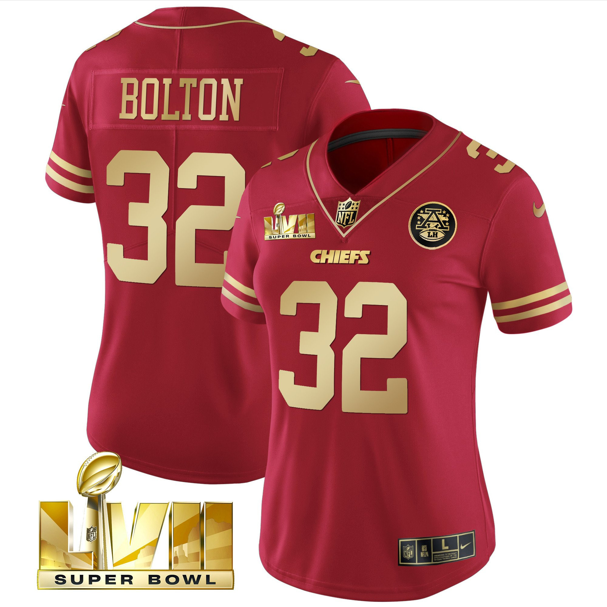 Nick Bolton Women's Kansas City Chiefs Super Bowl LVII Red Gold Vapor Red Gold Jersey - All Stitched 