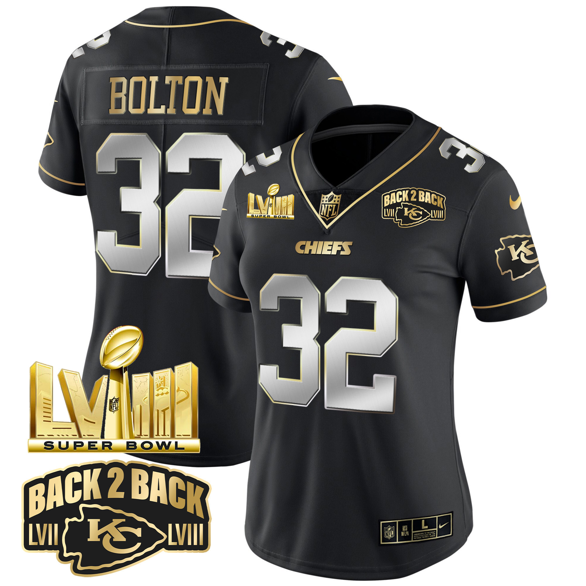Nick Bolton Women's Kansas City Chiefs Super Bowl LVIII & Back 2 Back Gold Patch Vapor Black Limited Jersey - All Stitched 