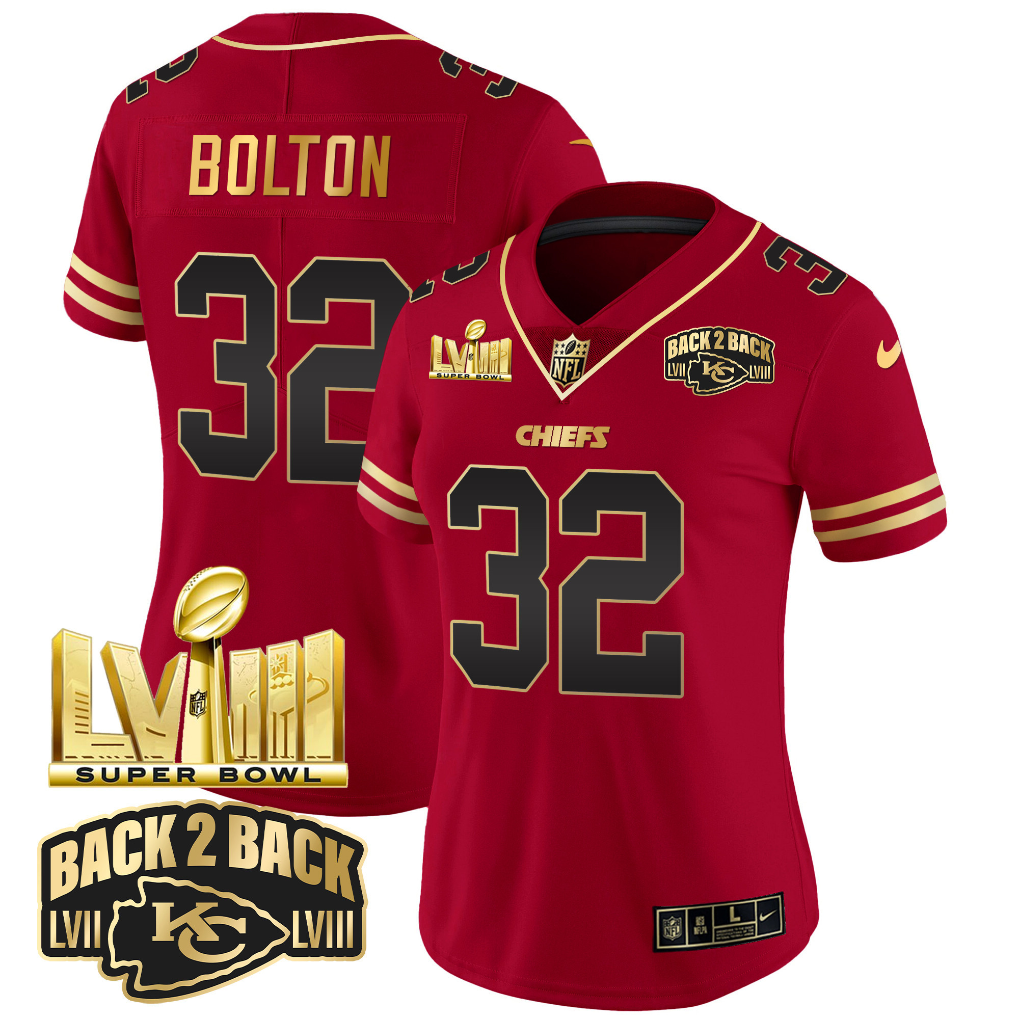 Nick Bolton Women's Kansas City Chiefs Super Bowl LVIII & Back 2 Back Gold Patch Vapor Black Red Jersey - All Stitched 