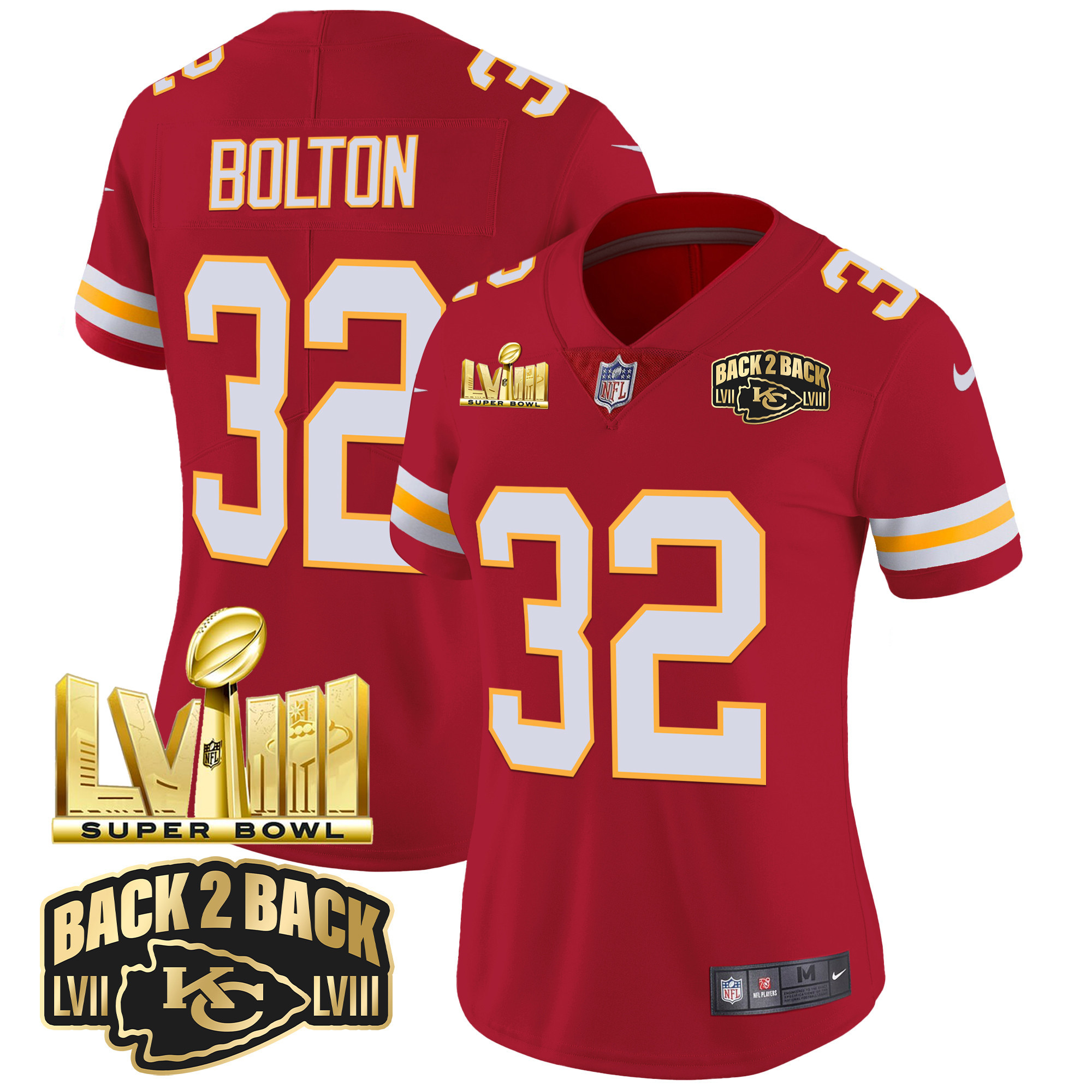 Nick Bolton Women's Kansas City Chiefs Super Bowl LVIII & Back 2 Back Gold Patch Vapor Red Jersey - All Stitched 