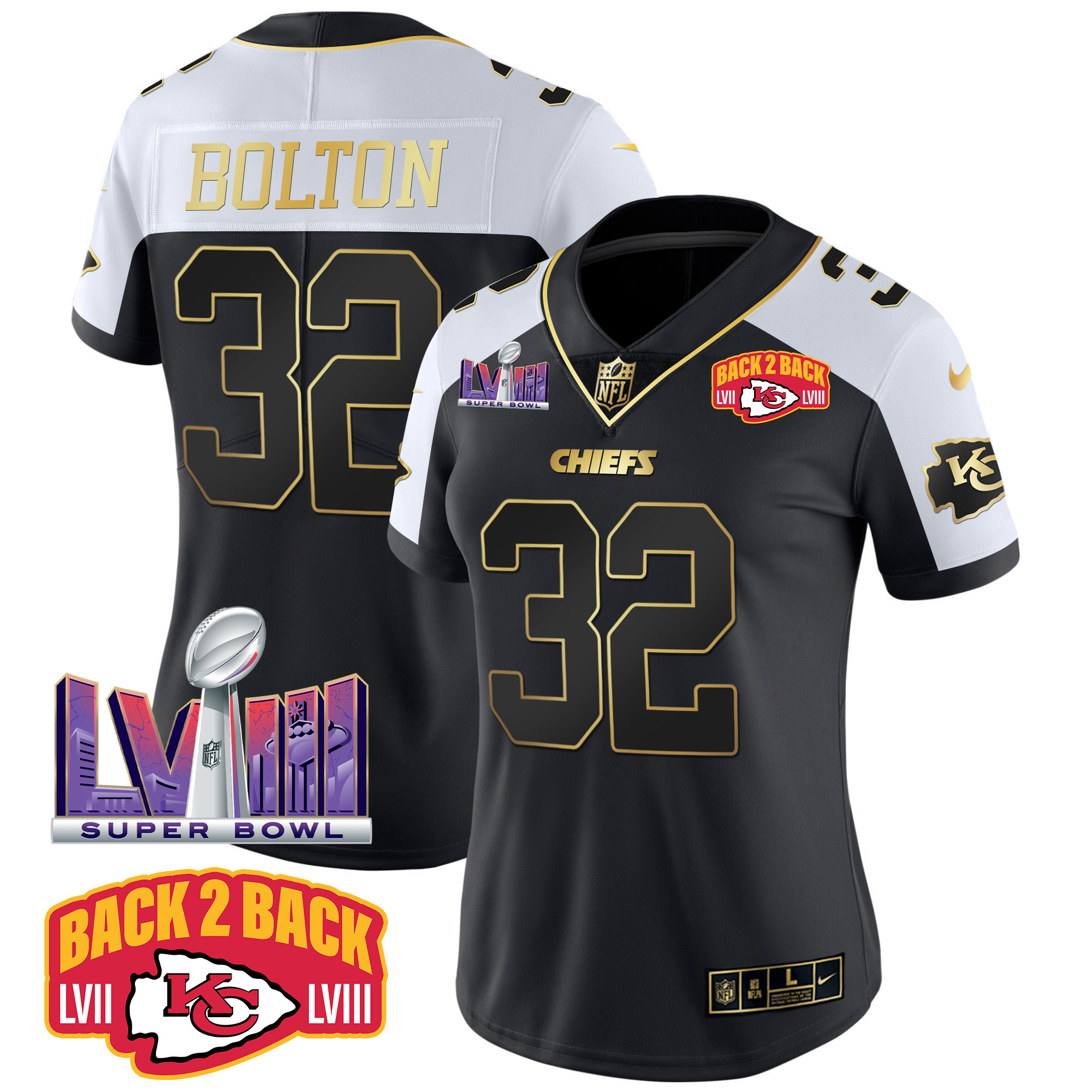 Nick Bolton Women's Kansas City Chiefs Super Bowl LVIII & Back 2 Back Patch Vapor Alternate Jersey - All Stitched 