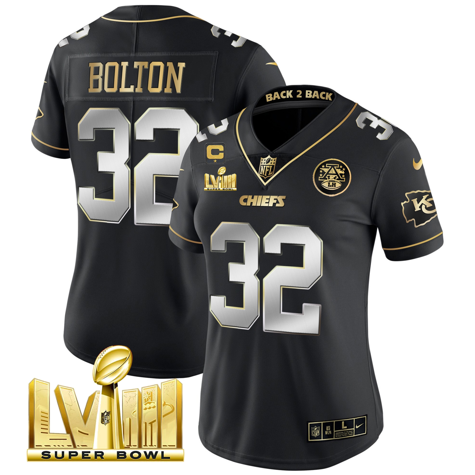 Nick Bolton Women's Kansas City Chiefs Super Bowl LVIII & Back 2 Back Patch Vapor Black Limited Jersey - All Stitched 
