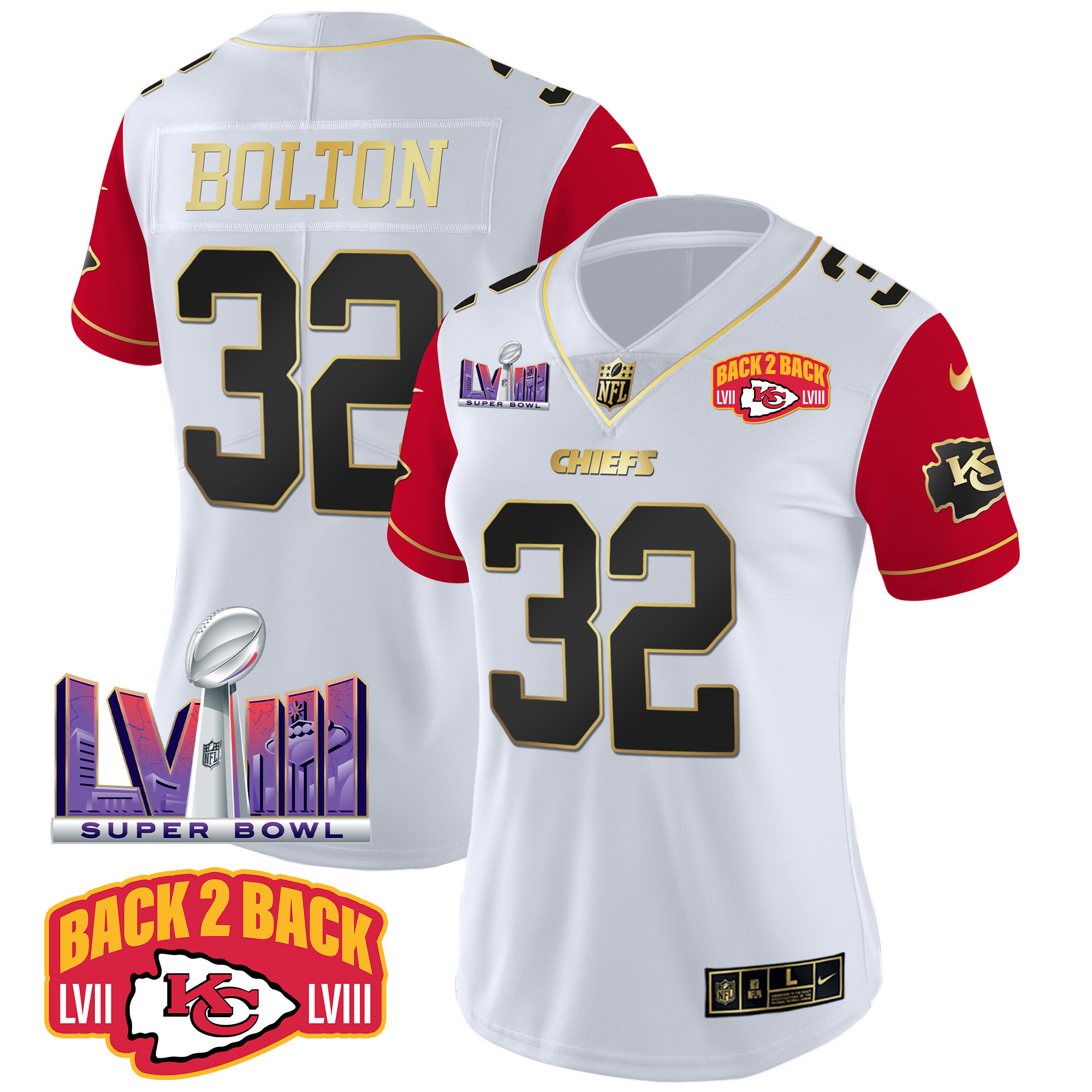 Nick Bolton Women's Kansas City Chiefs Super Bowl LVIII & Back 2 Back Patch Vapor Color Sleeves Jersey - All Stitched 
