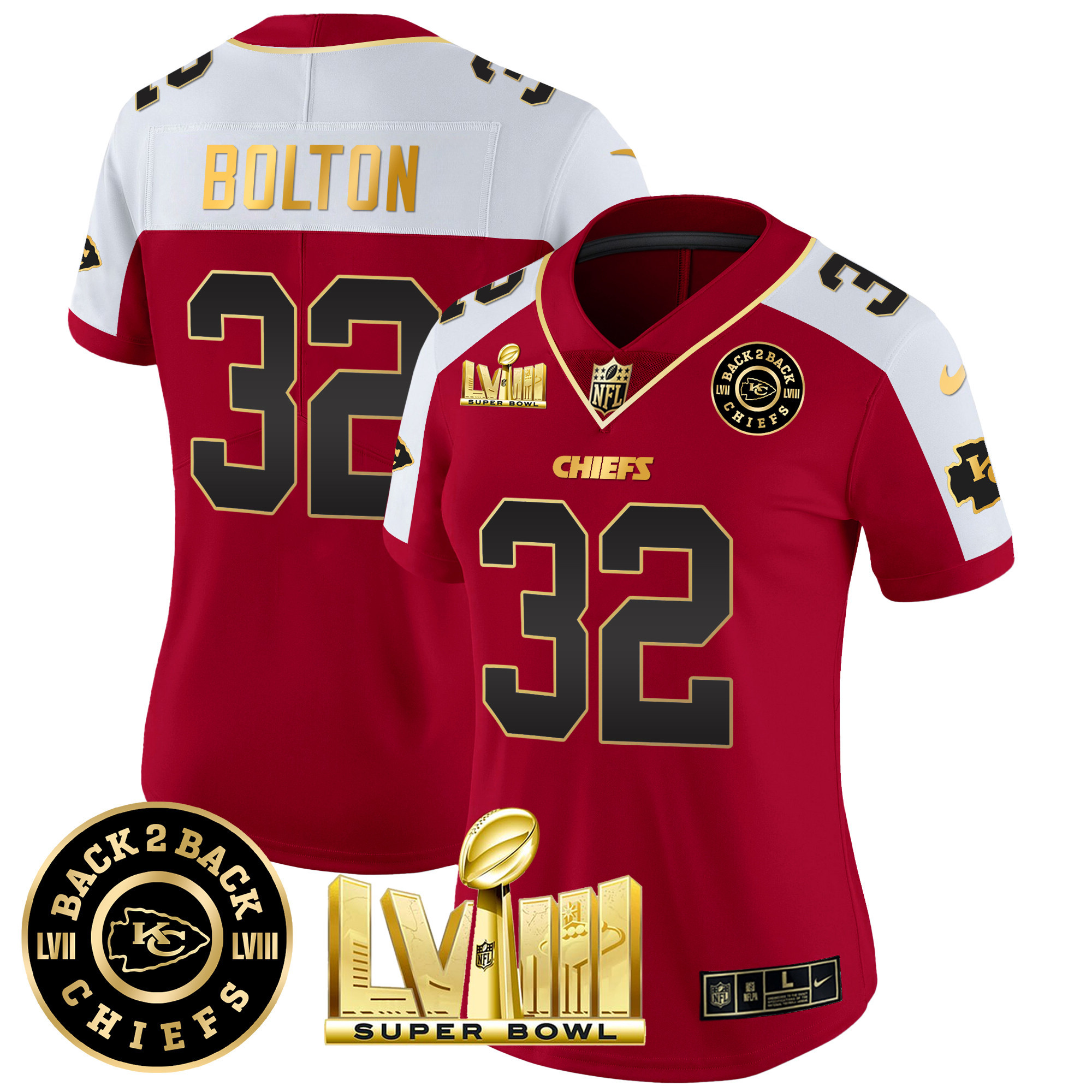 Nick Bolton Women's Kansas City Chiefs Super Bowl LVIII & Back 2 Back Patch Vapor Red Alternate Jersey - All Stitched 