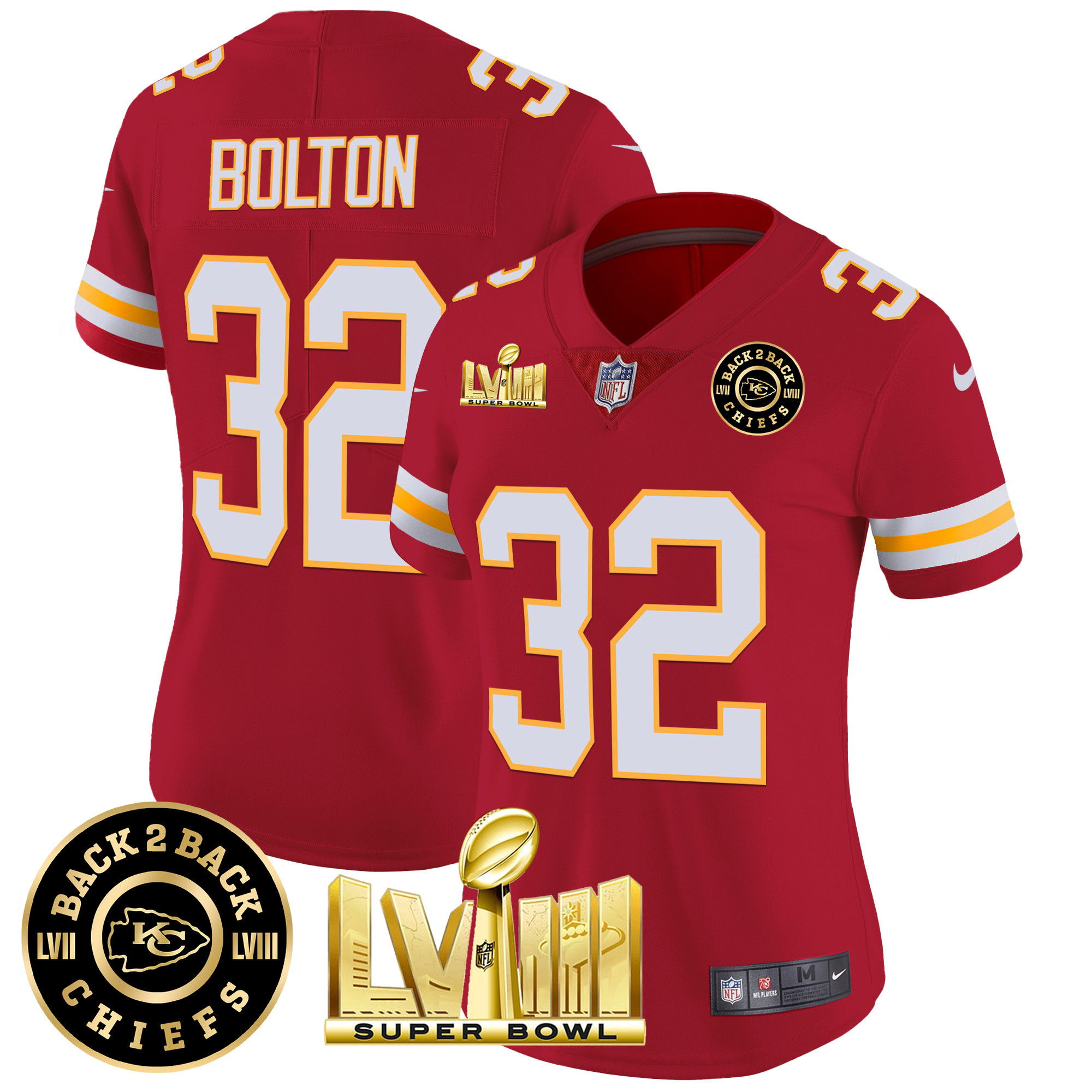 Nick Bolton Women's Kansas City Chiefs Super Bowl LVIII & Back 2 Back Patch Vapor Red Jersey - All Stitched 