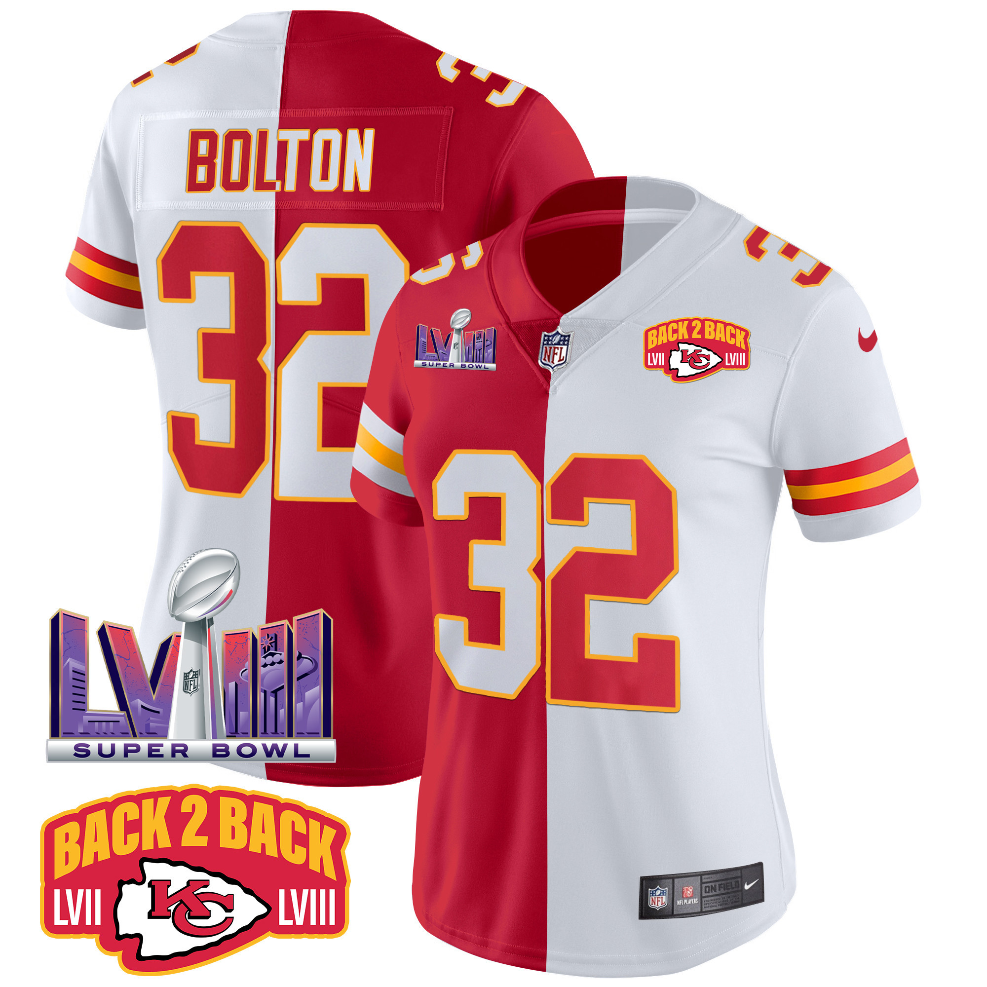 Nick Bolton Women's Kansas City Chiefs Super Bowl LVIII & Back 2 Back Patch Vapor Split Jersey - All Stitched 