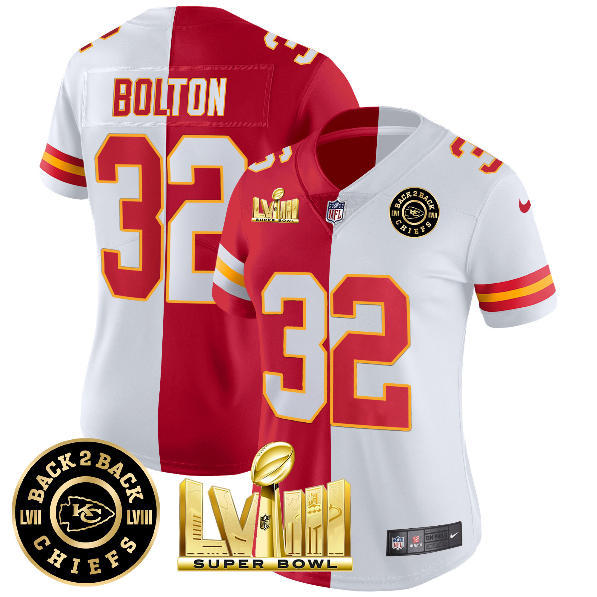 Nick Bolton Women's Kansas City Chiefs Super Bowl LVIII & Back 2 Back Patch Vapor Split Jersey - All Stitched 