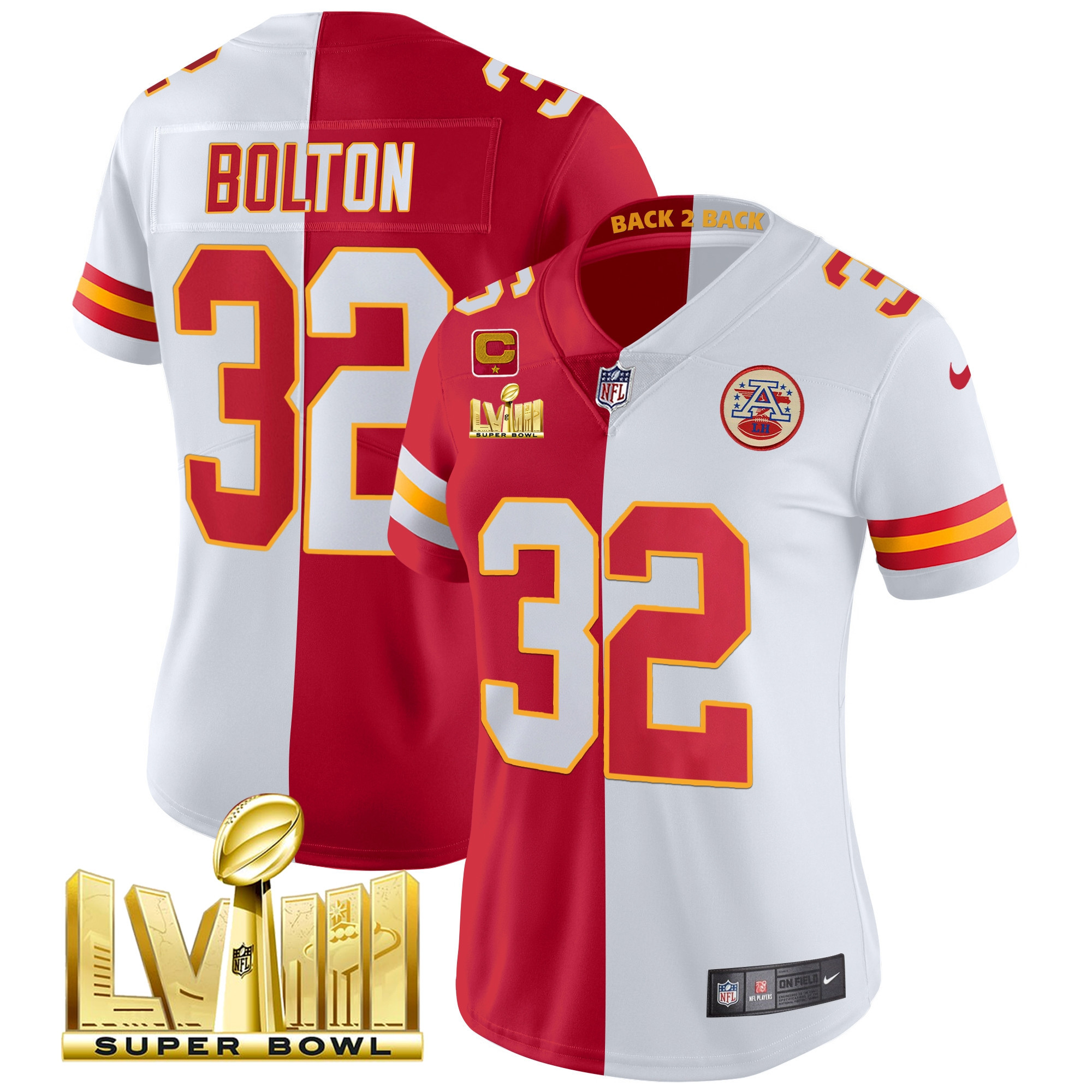 Nick Bolton Women's Kansas City Chiefs Super Bowl LVIII & Back 2 Back Patch Vapor Split Jersey - All Stitched 