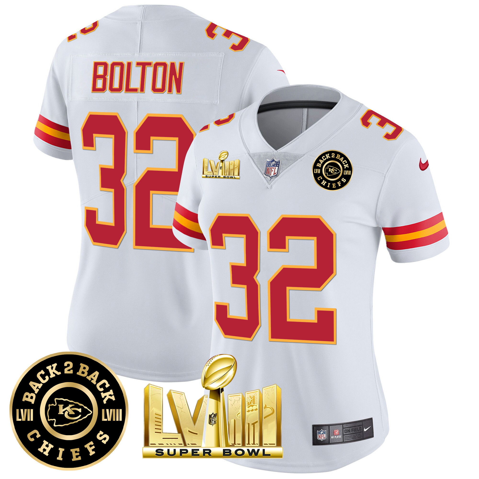 Nick Bolton Women's Kansas City Chiefs Super Bowl LVIII & Back 2 Back Patch Vapor White Jersey - All Stitched 
