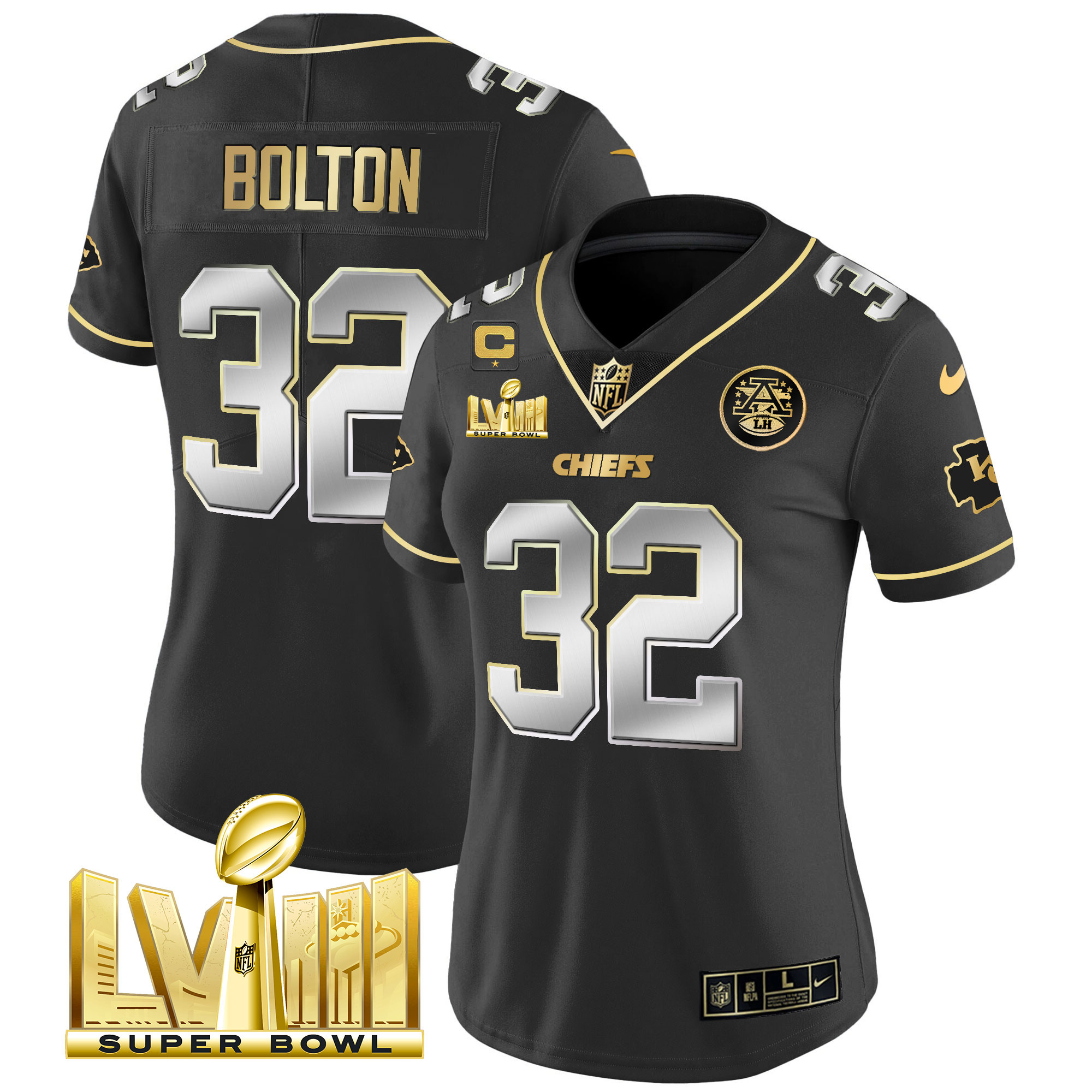 Nick Bolton Women's Kansas City Chiefs Super Bowl LVIII Gold Patch Vapor Black Limited Jersey - All Stitched 