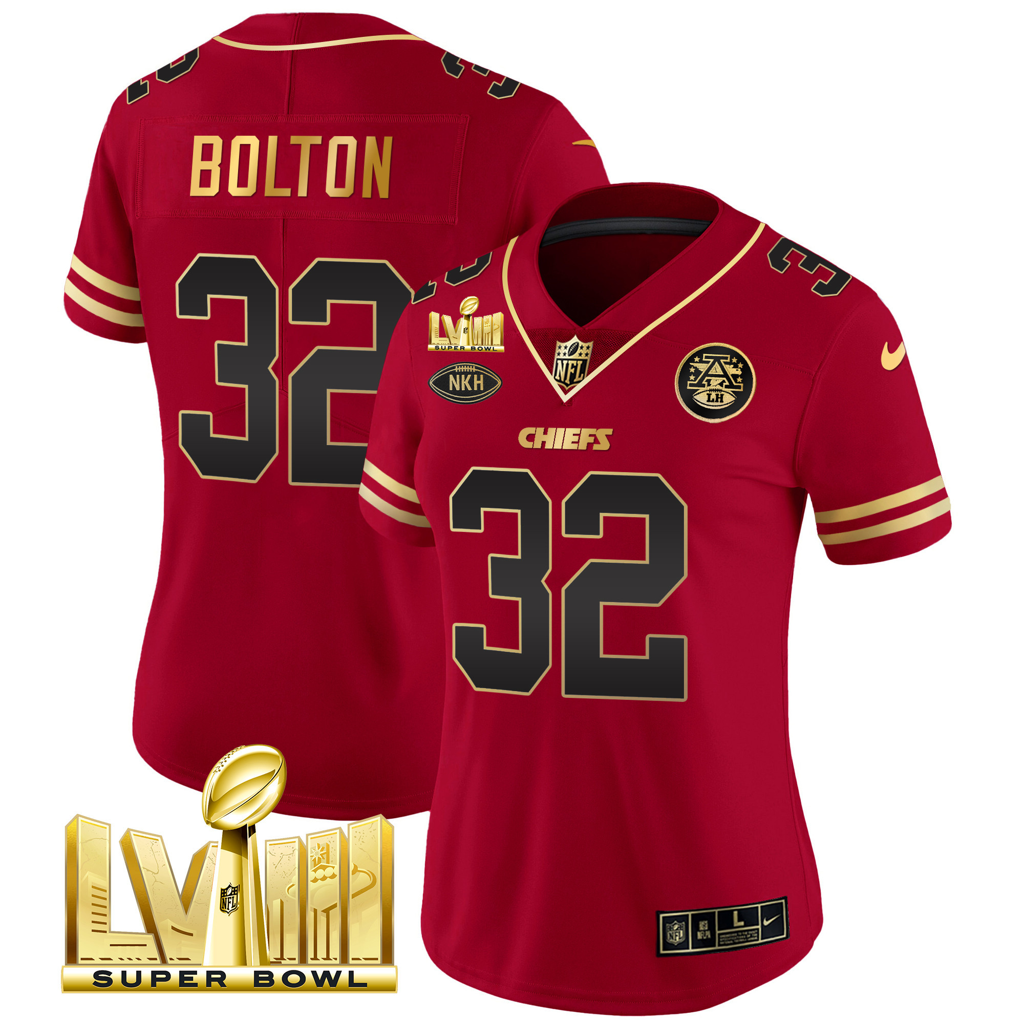 Nick Bolton Women's Kansas City Chiefs Super Bowl LVIII Gold Patch Vapor Black Red Jersey - All Stitched 