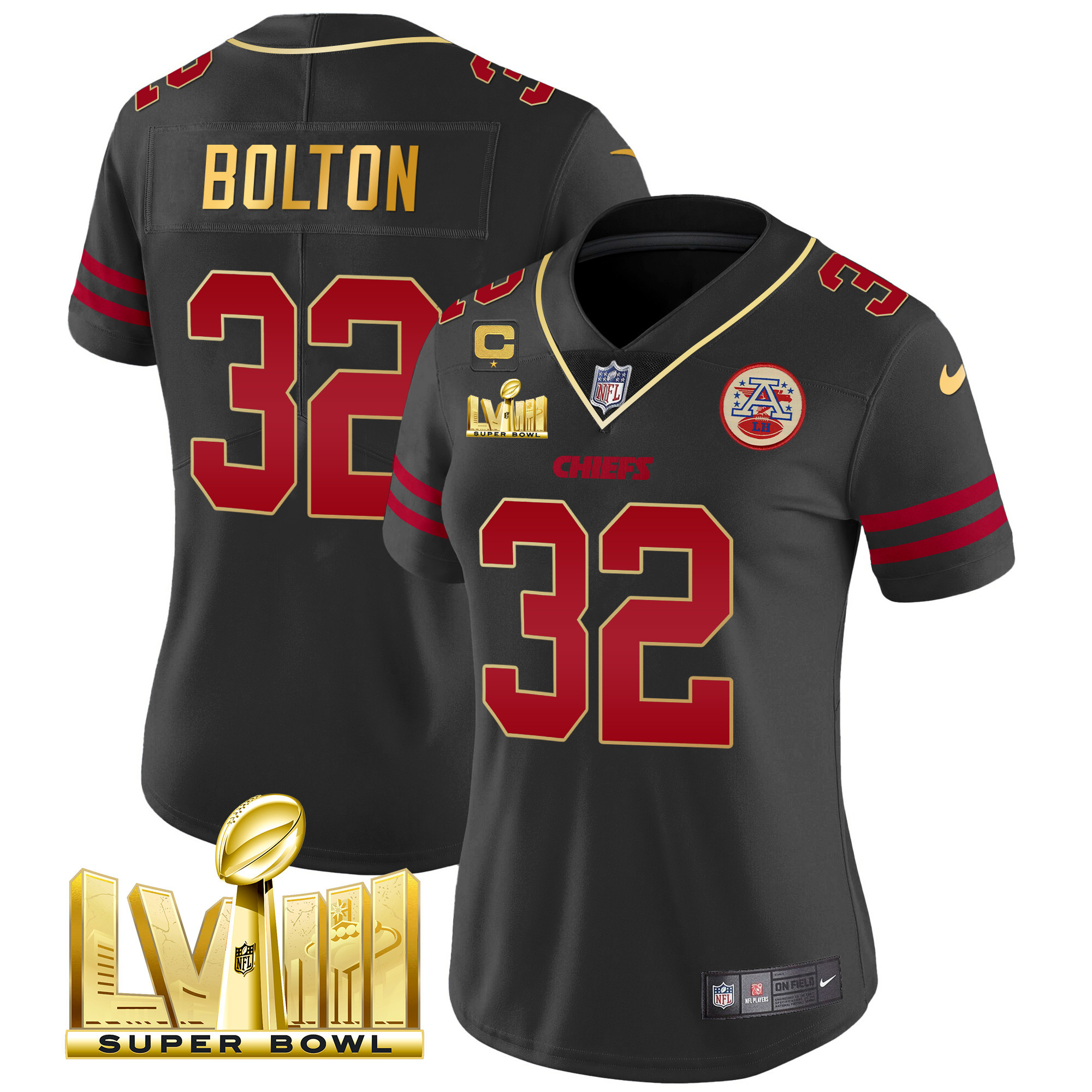 Nick Bolton Women's Kansas City Chiefs Super Bowl LVIII Gold Patch Vapor Gold Trim Jersey - All Stitched 