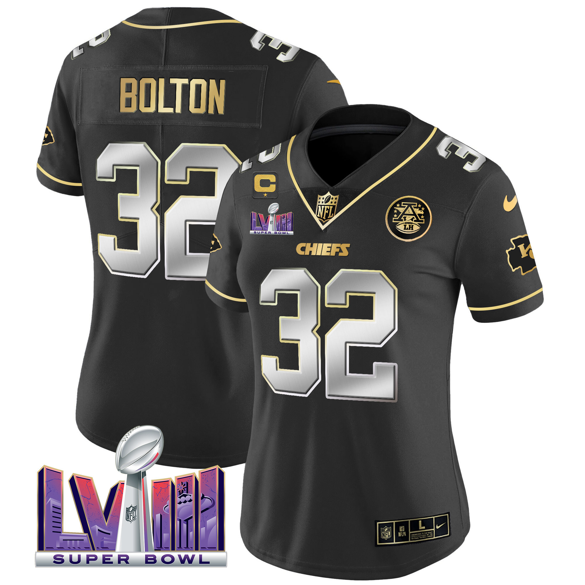 Nick Bolton Women's Kansas City Chiefs Super Bowl LVIII Patch Vapor Black Limited Jersey - All Stitched 