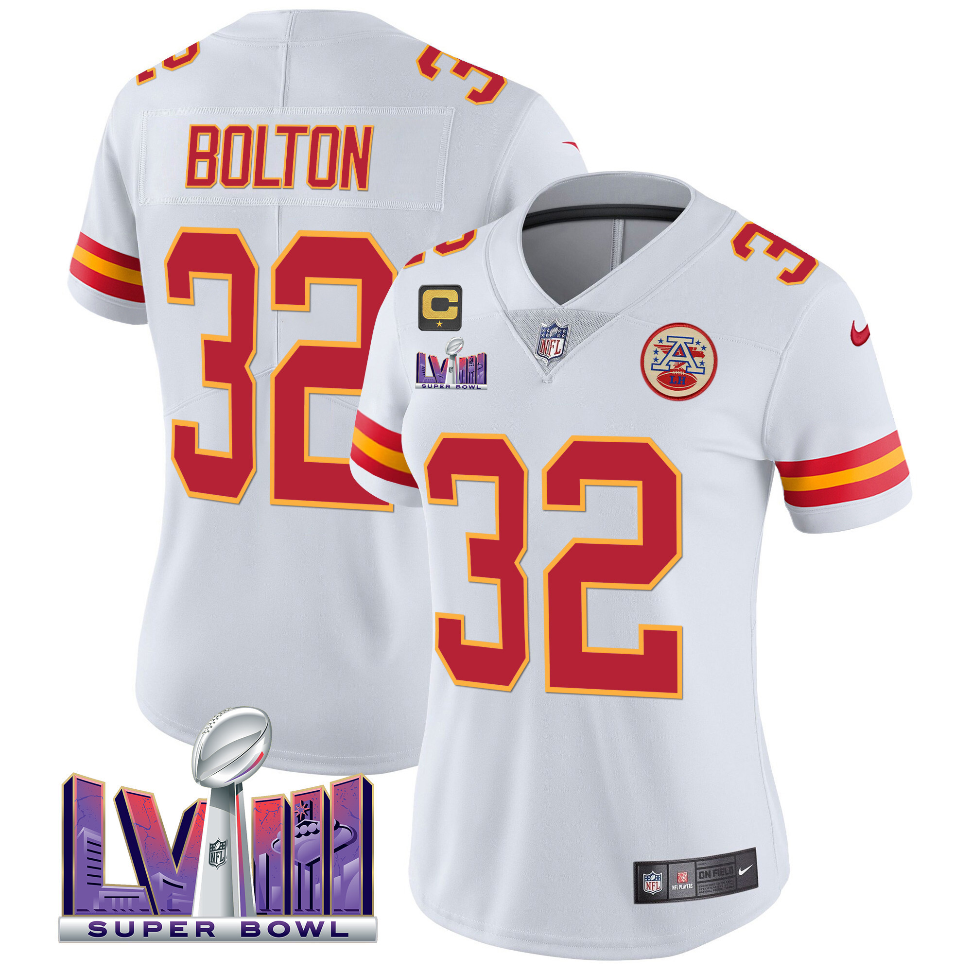 Nick Bolton Women's Kansas City Chiefs Super Bowl LVIII Patch Vapor White Jersey - All Stitched 