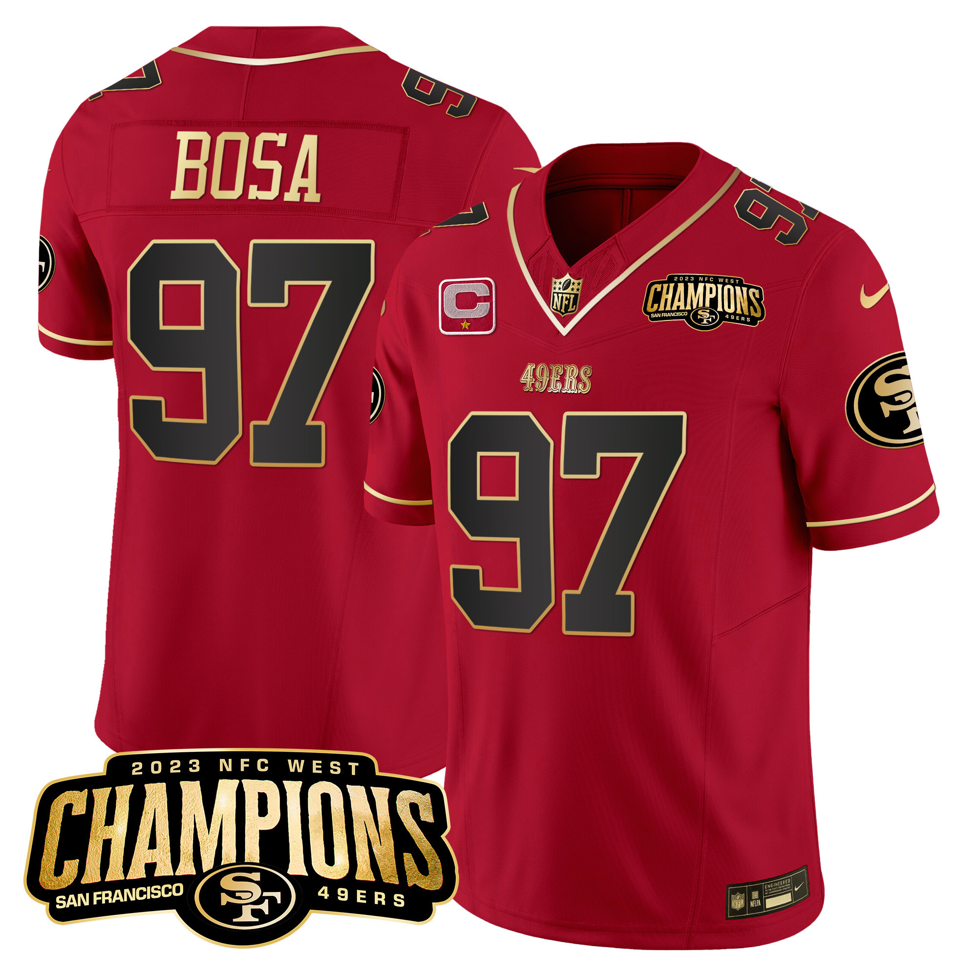 Nick Bosa Men's San Francisco 49ers 2023 NFC West Champions Patch Vapor Scarlet Limited Jersey - All Stitched 
