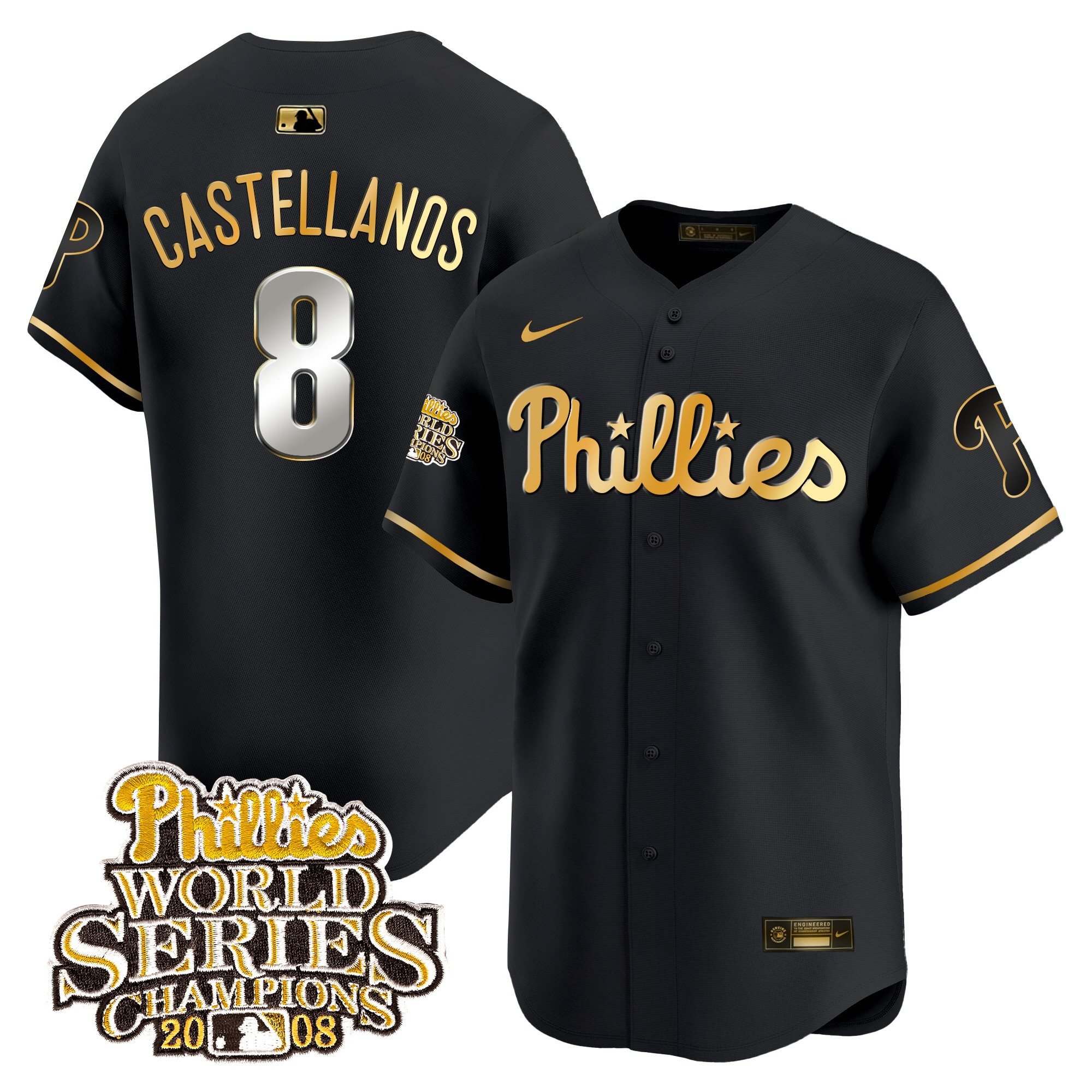 Nick Castellanos Men's Philadelphia Phillies 2008 World Series Champions Patch Vapor Premier Limited Black Gold Jersey - All Stitched