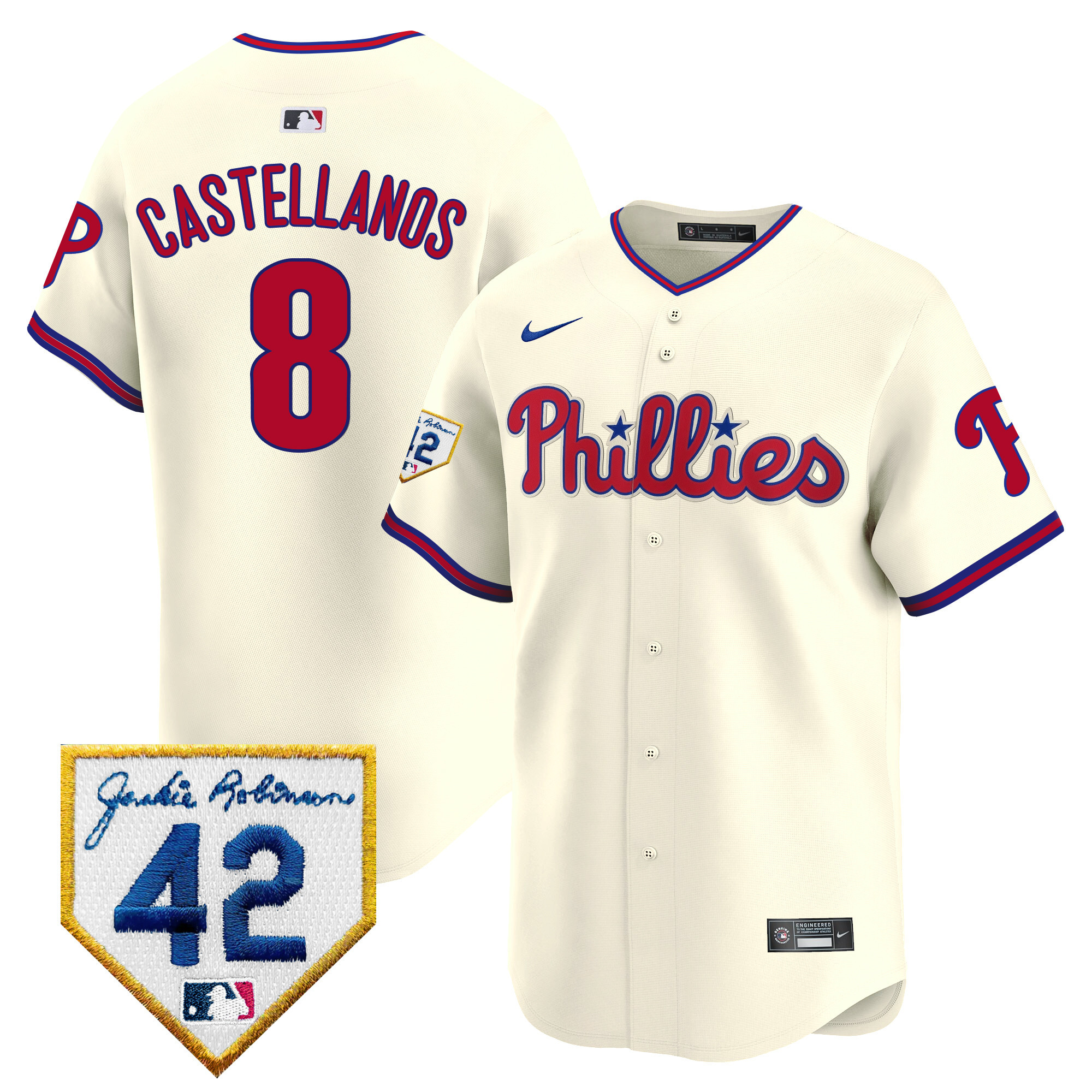 Nick Castellanos Men's Philadelphia Phillies 2024 Jackie Robinson Patch Vapor Premier Limited Cream Jersey - All Stitched
