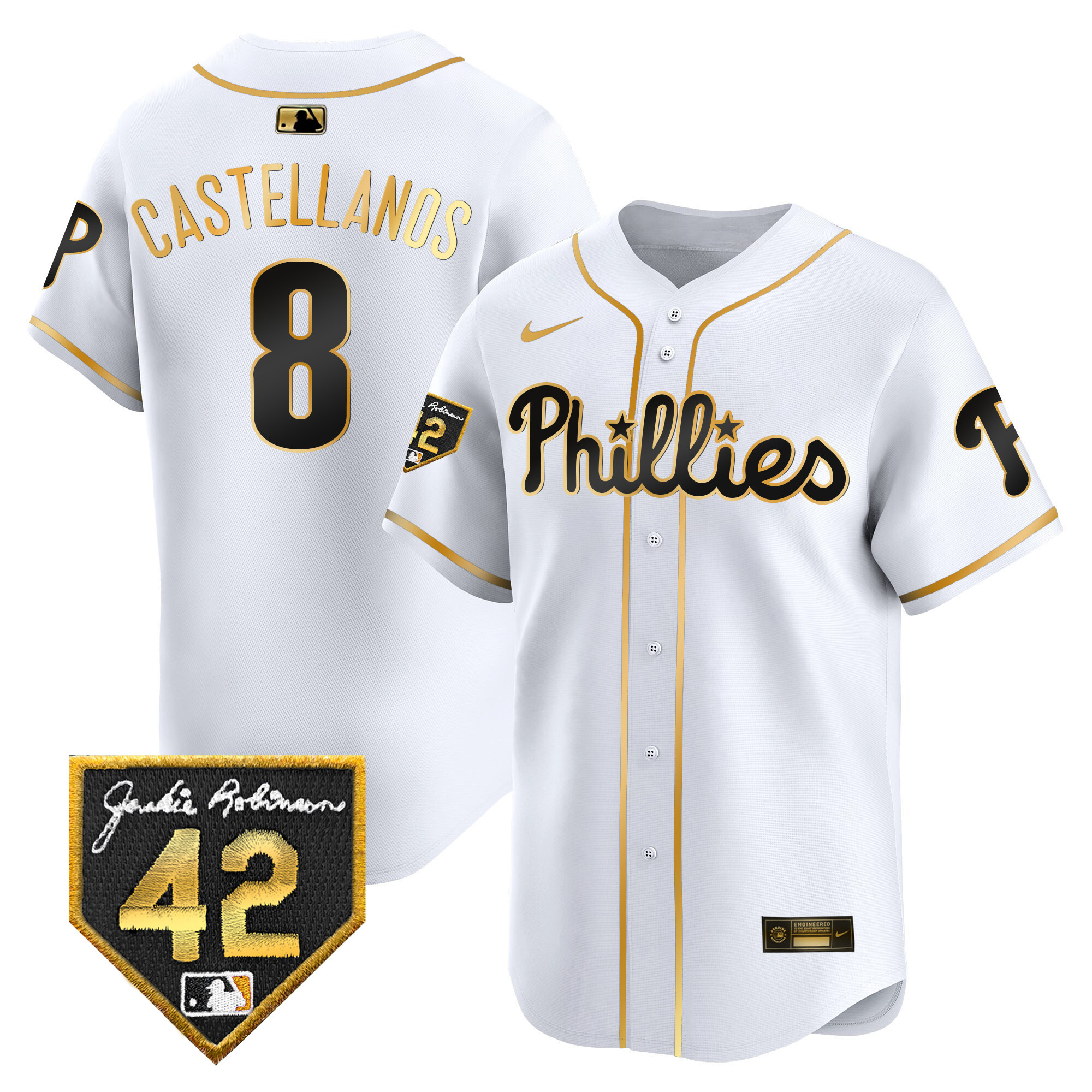 Nick Castellanos Men's Philadelphia Phillies 2024 Jackie Robinson Patch Vapor Premier Limited White Gold Jersey - All Stitched
