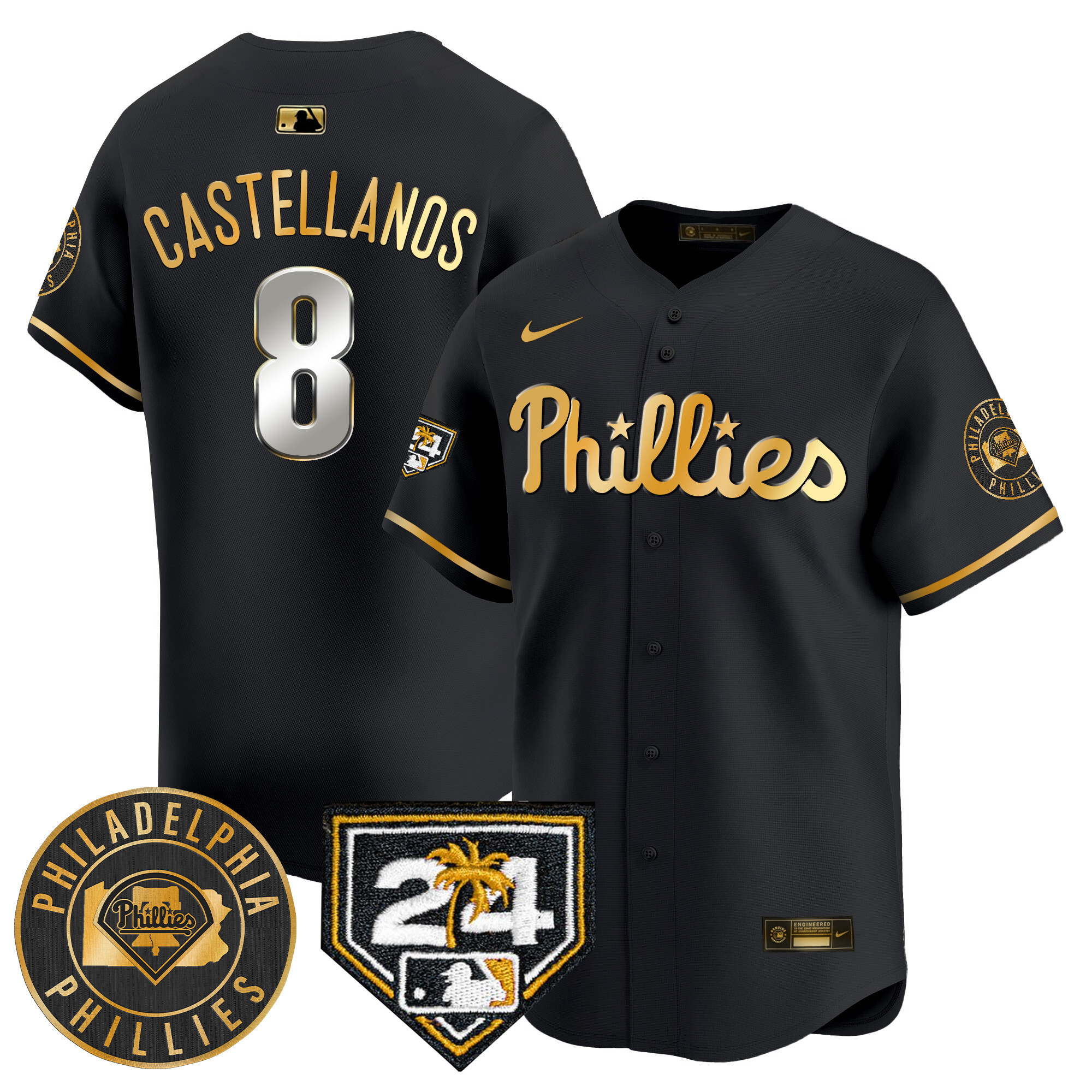Nick Castellanos Men's Philadelphia Phillies 2024 Spring Training Patch Vapor Premier Limited V2 Black Gold Jersey - All Stitched