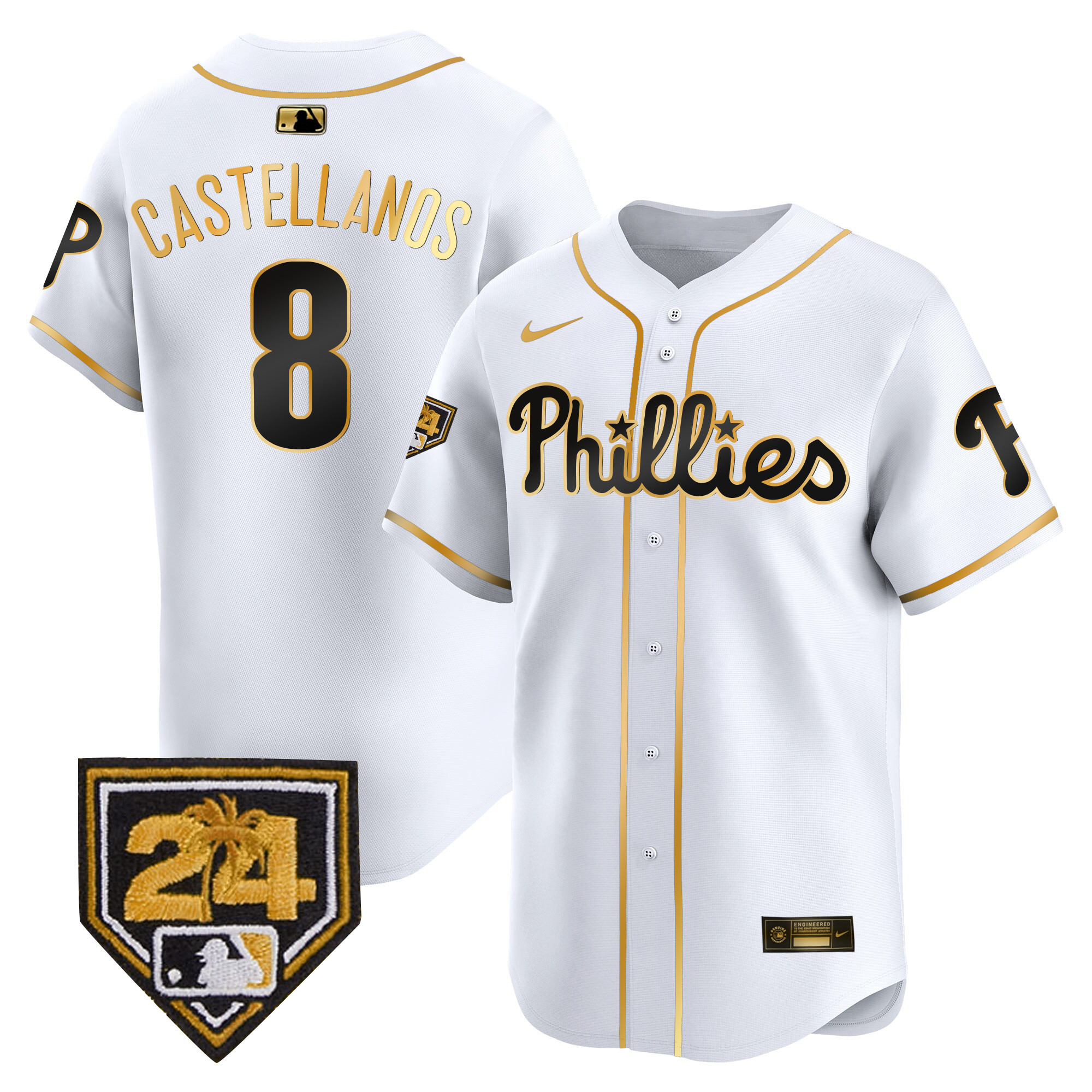 Nick Castellanos Men's Philadelphia Phillies 2024 Spring Training Patch Vapor Premier Limited White Gold Jersey - All Stitched