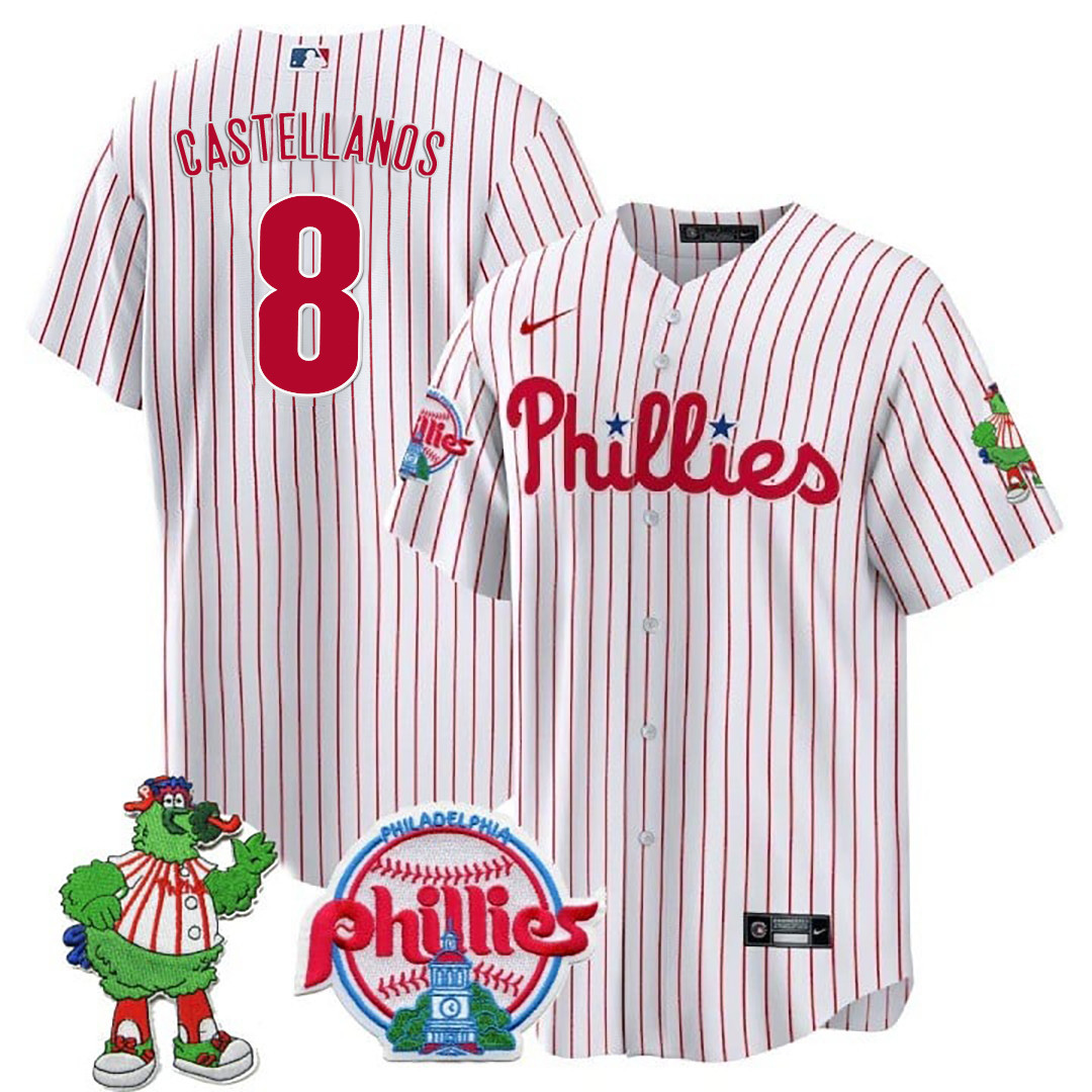 Nick Castellanos Men's Philadelphia Phillies Phillie Phanatic Patch Cool Base White Jersey - All Stitched