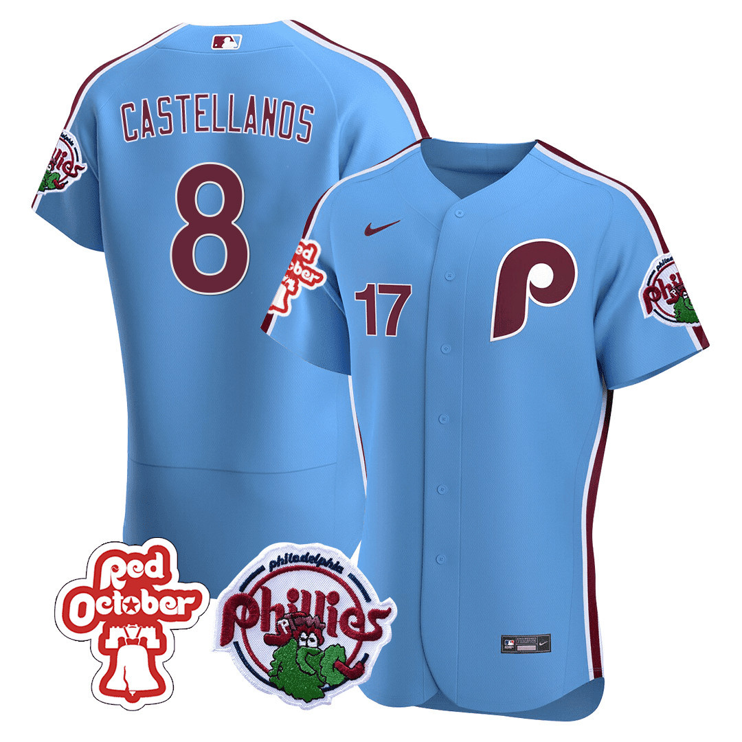 Nick Castellanos Men's Philadelphia Phillies Red October Patch Flex Base Blue Jersey - All Stitched