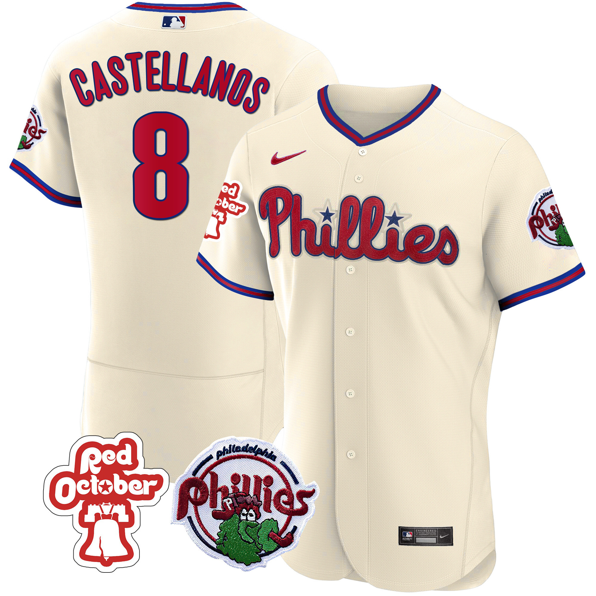 Nick Castellanos Men's Philadelphia Phillies Red October Patch Flex Base Cream Jersey - All Stitched