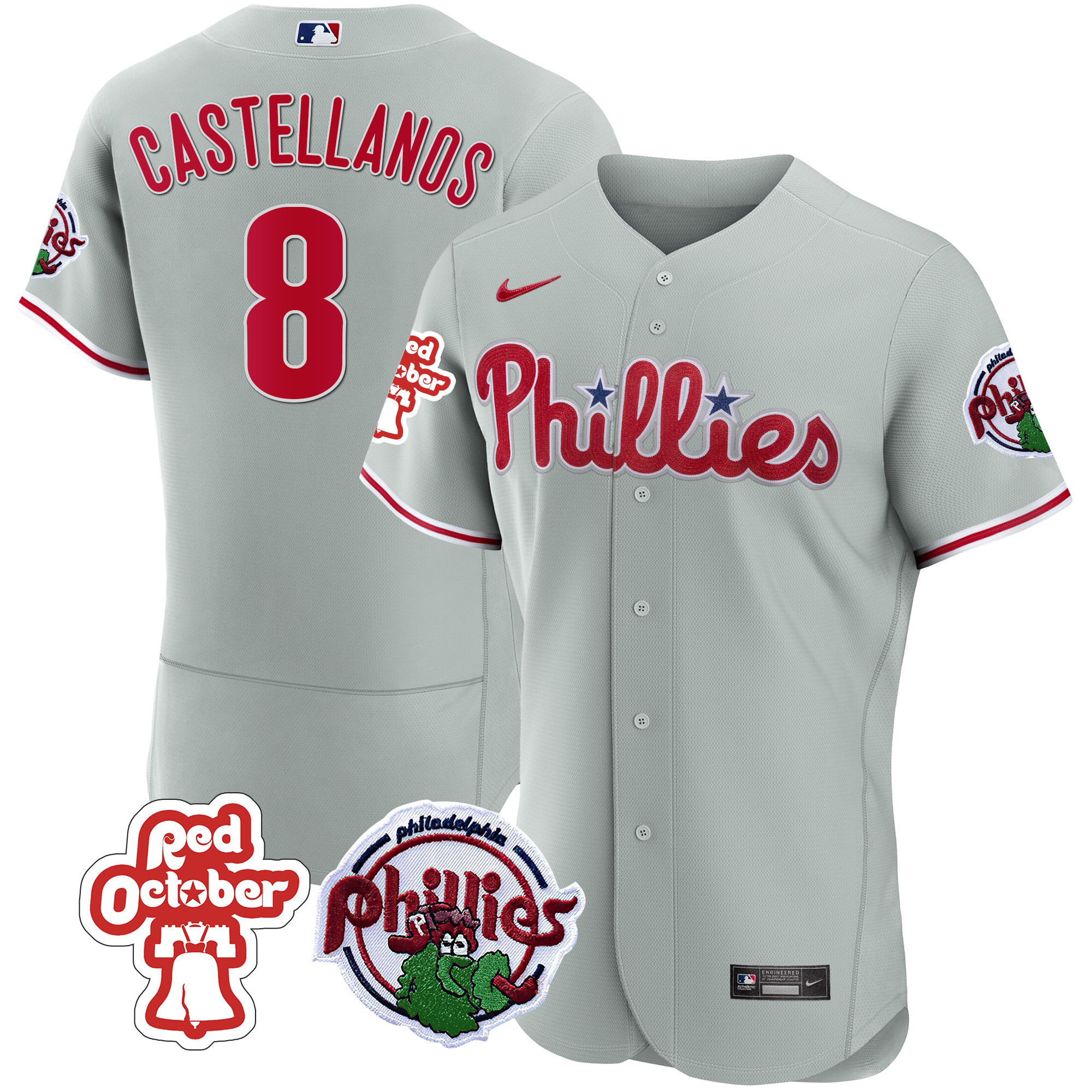 Nick Castellanos Men's Philadelphia Phillies Red October Patch Flex Base Gray Jersey - All Stitched