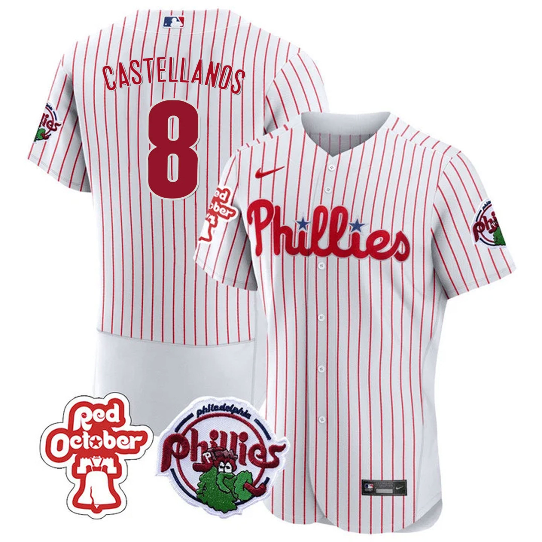 Nick Castellanos Men's Philadelphia Phillies Red October Patch Flex Base White Jersey - All Stitched
