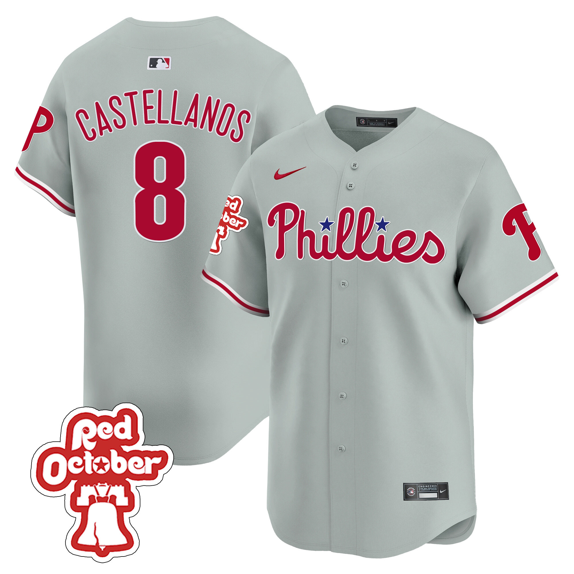 Nick Castellanos Men's Philadelphia Phillies Red Octorber Patch Vapor Premier Limited Gray Road Jersey - All Stitched
