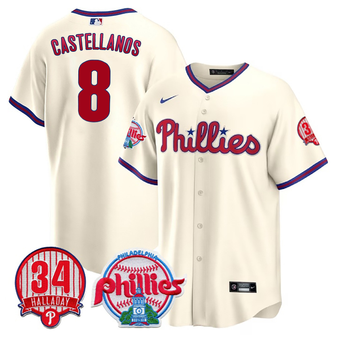 Nick Castellanos Men's Philadelphia Phillies Roy Halladay Patch #34 Cool Base Cream Jersey - All Stitched