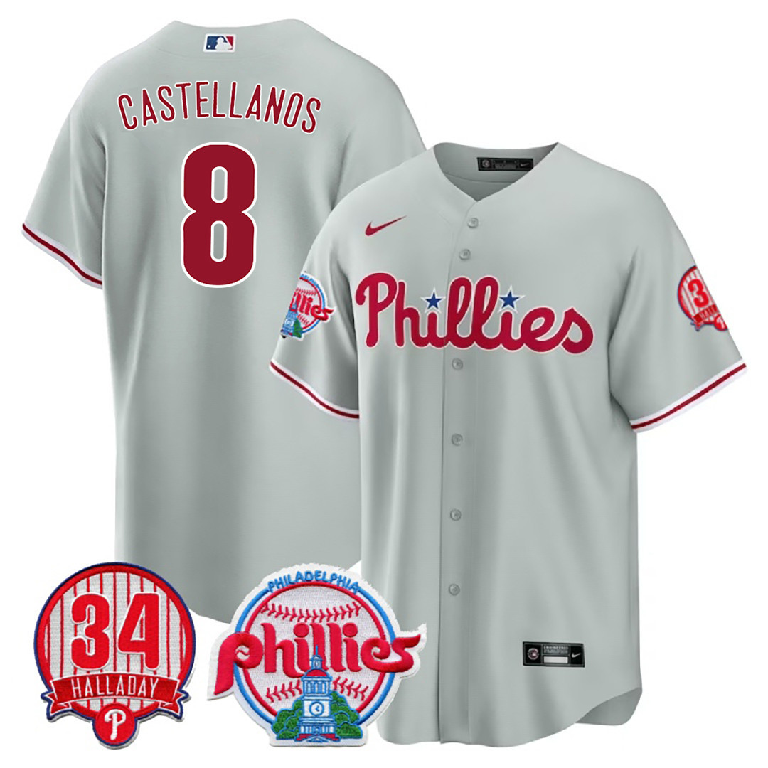 Nick Castellanos Men's Philadelphia Phillies Roy Halladay Patch #34 Cool Base Gray Jersey - All Stitched