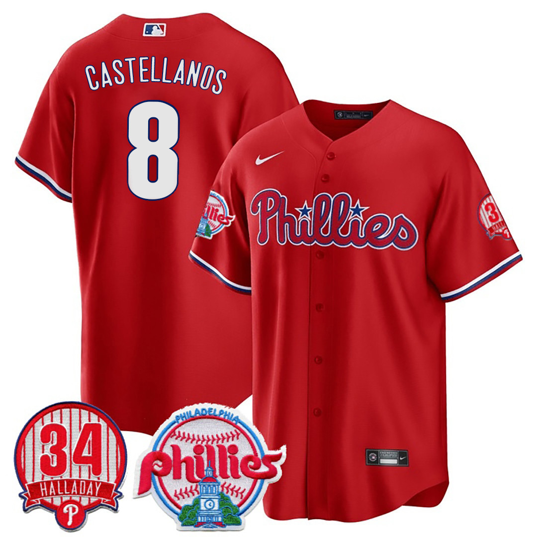 Nick Castellanos Men's Philadelphia Phillies Roy Halladay Patch #34 Cool Base Red Jersey - All Stitched