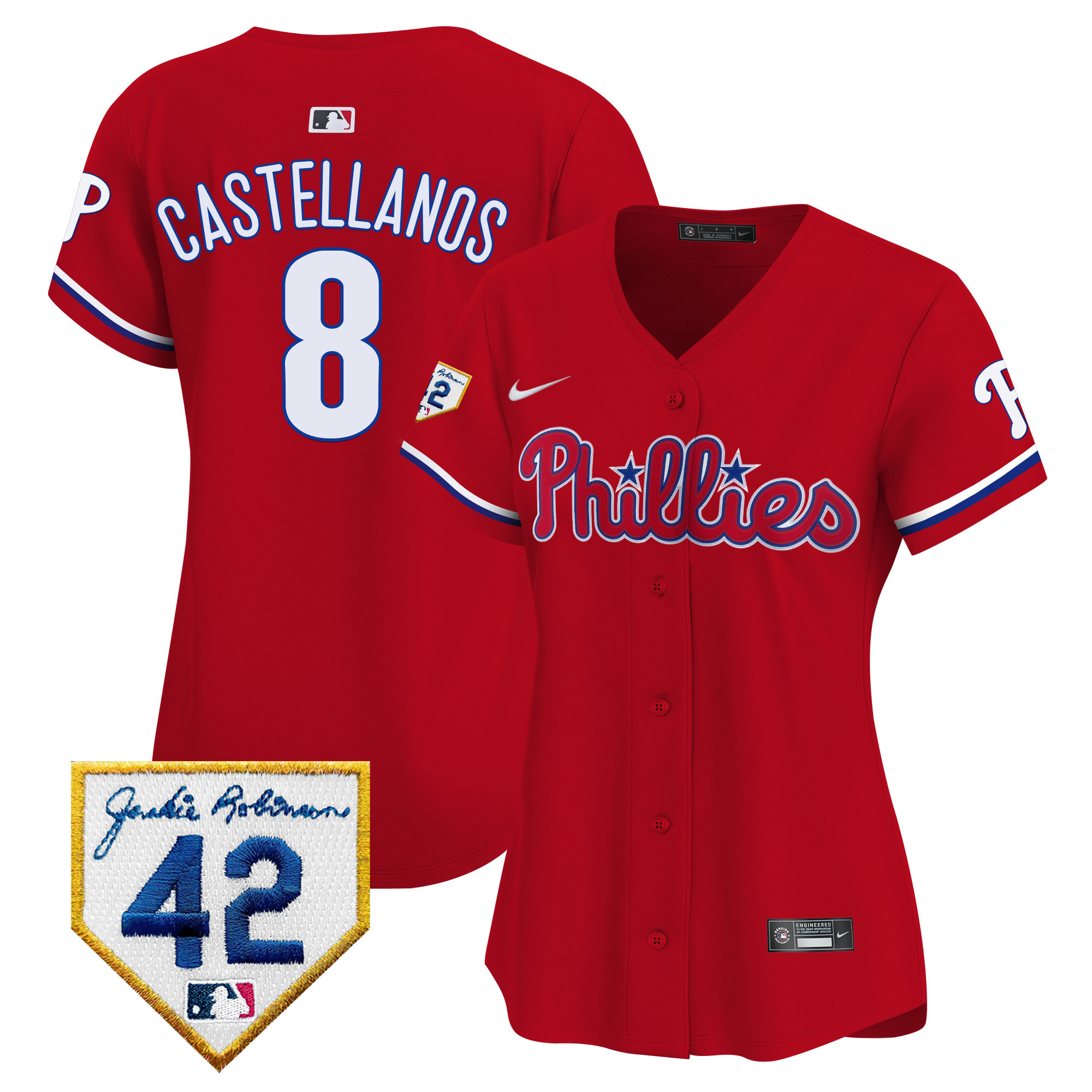 Nick Castellanos Women's Philadelphia Phillies 2024 Jackie Robinson Patch Vapor Premier Limited Red Jersey - All Stitched