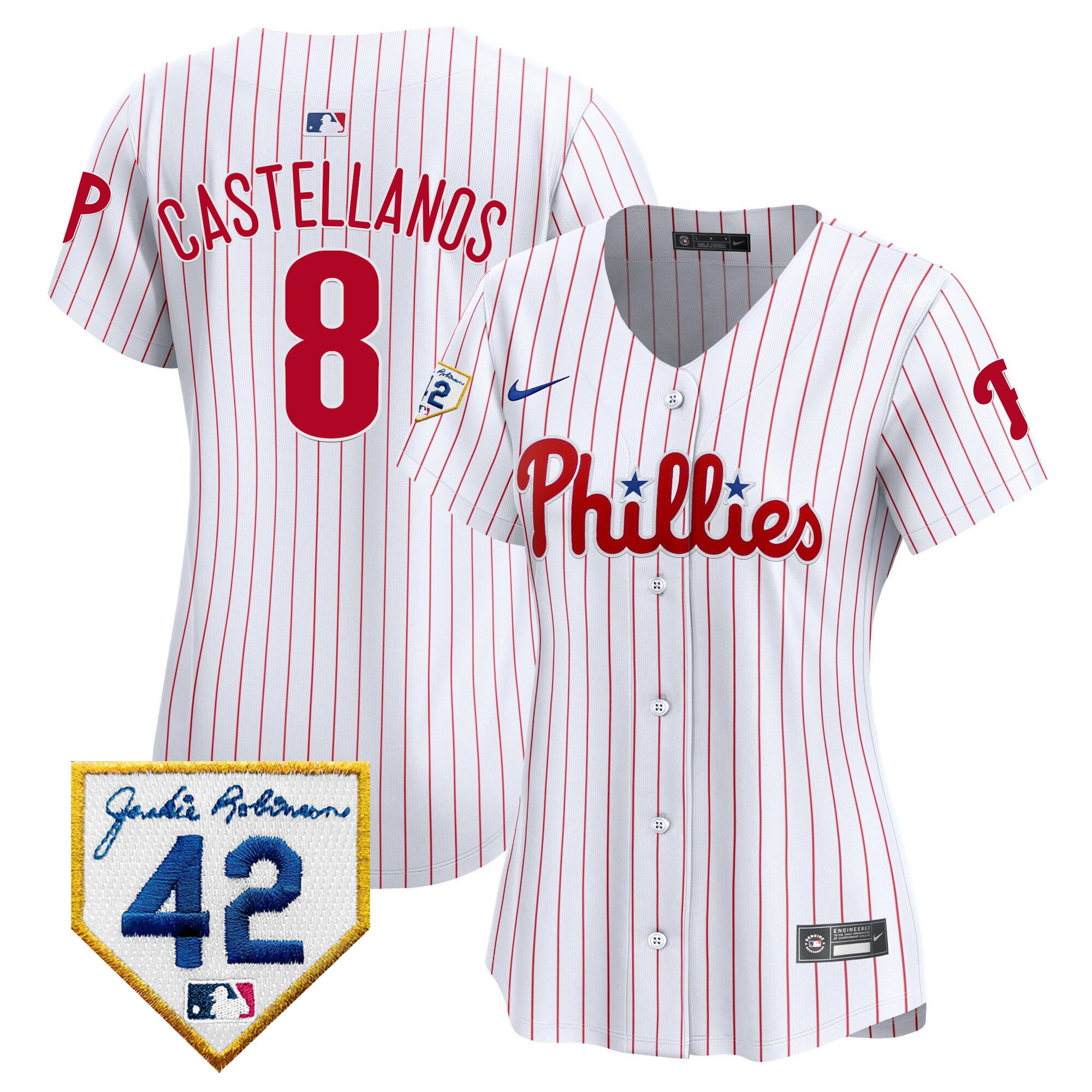 Nick Castellanos Women's Philadelphia Phillies 2024 Jackie Robinson Patch Vapor Premier Limited White Jersey - All Stitched
