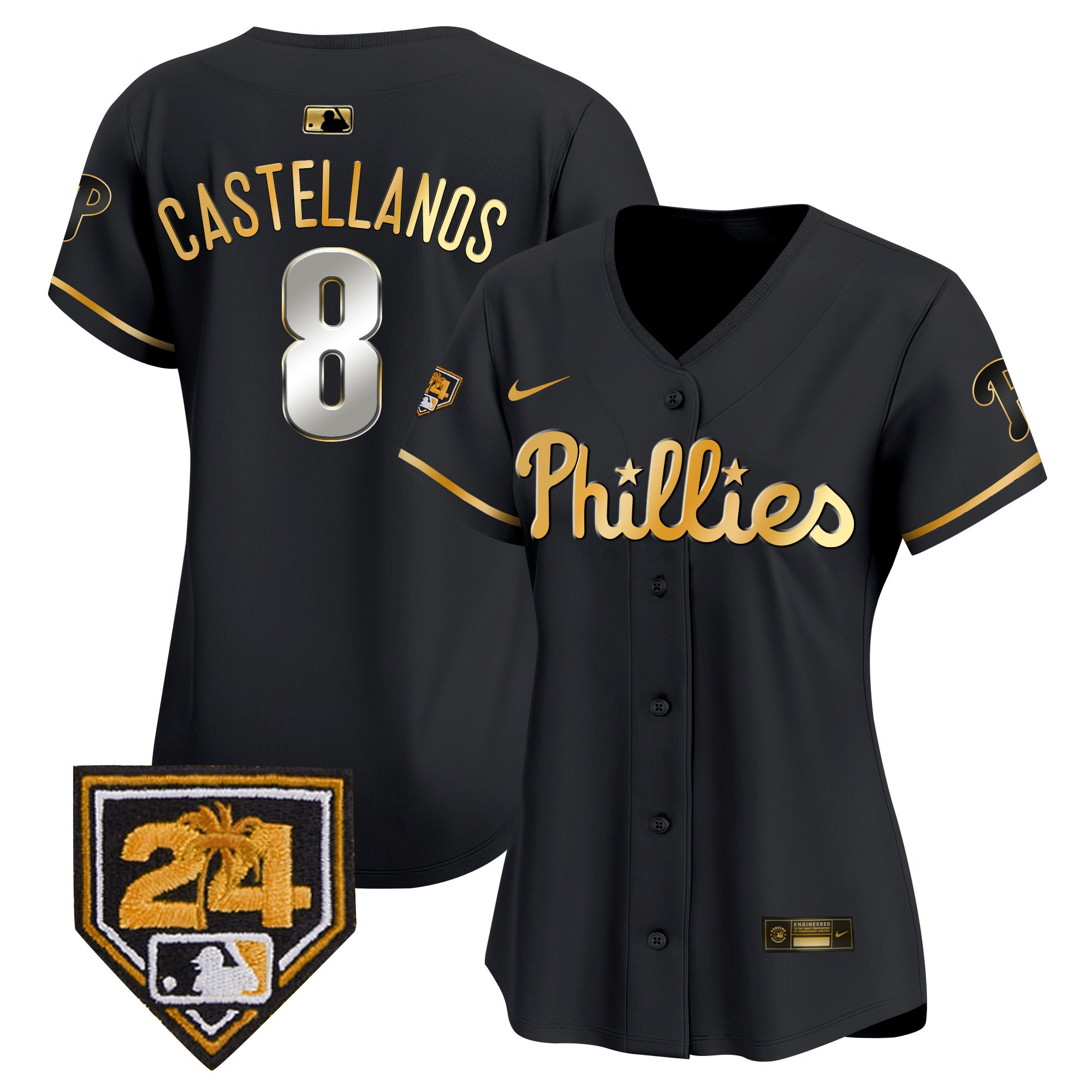 Nick Castellanos Women's Philadelphia Phillies 2024 Spring Training Patch Vapor Premier Limited Black Gold Jersey - All Stitched